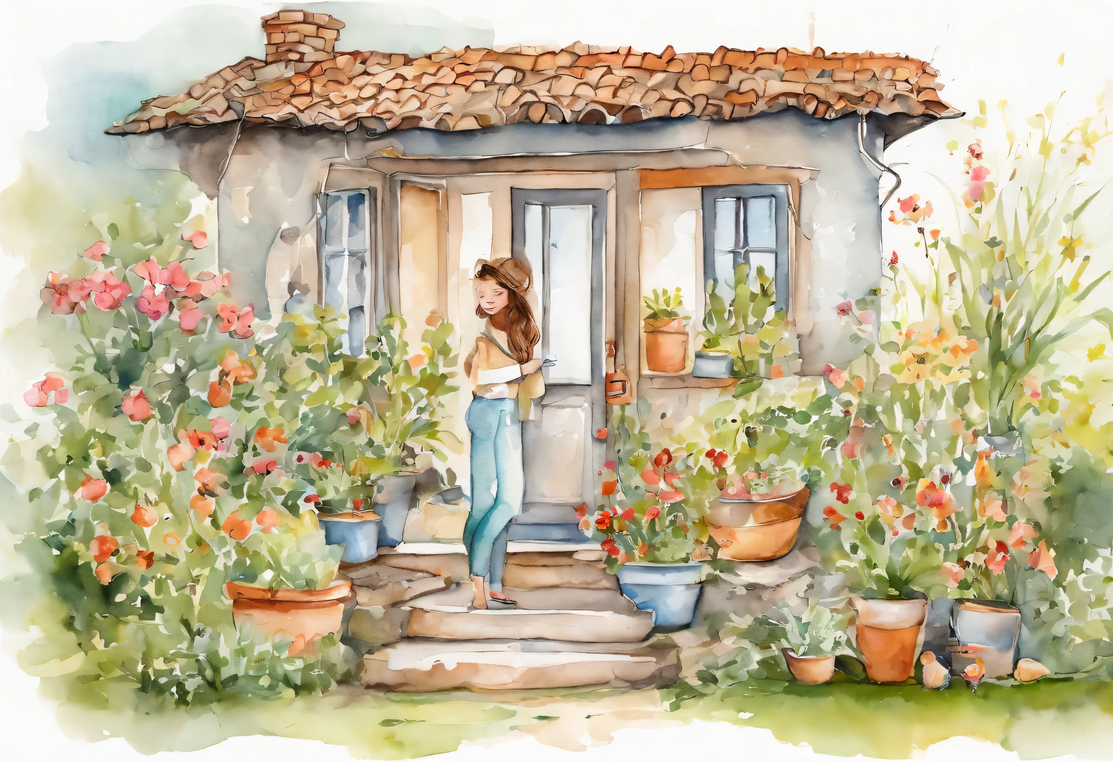 spring garden、stylish house、Cute girl and cat、Simple line art illustration、