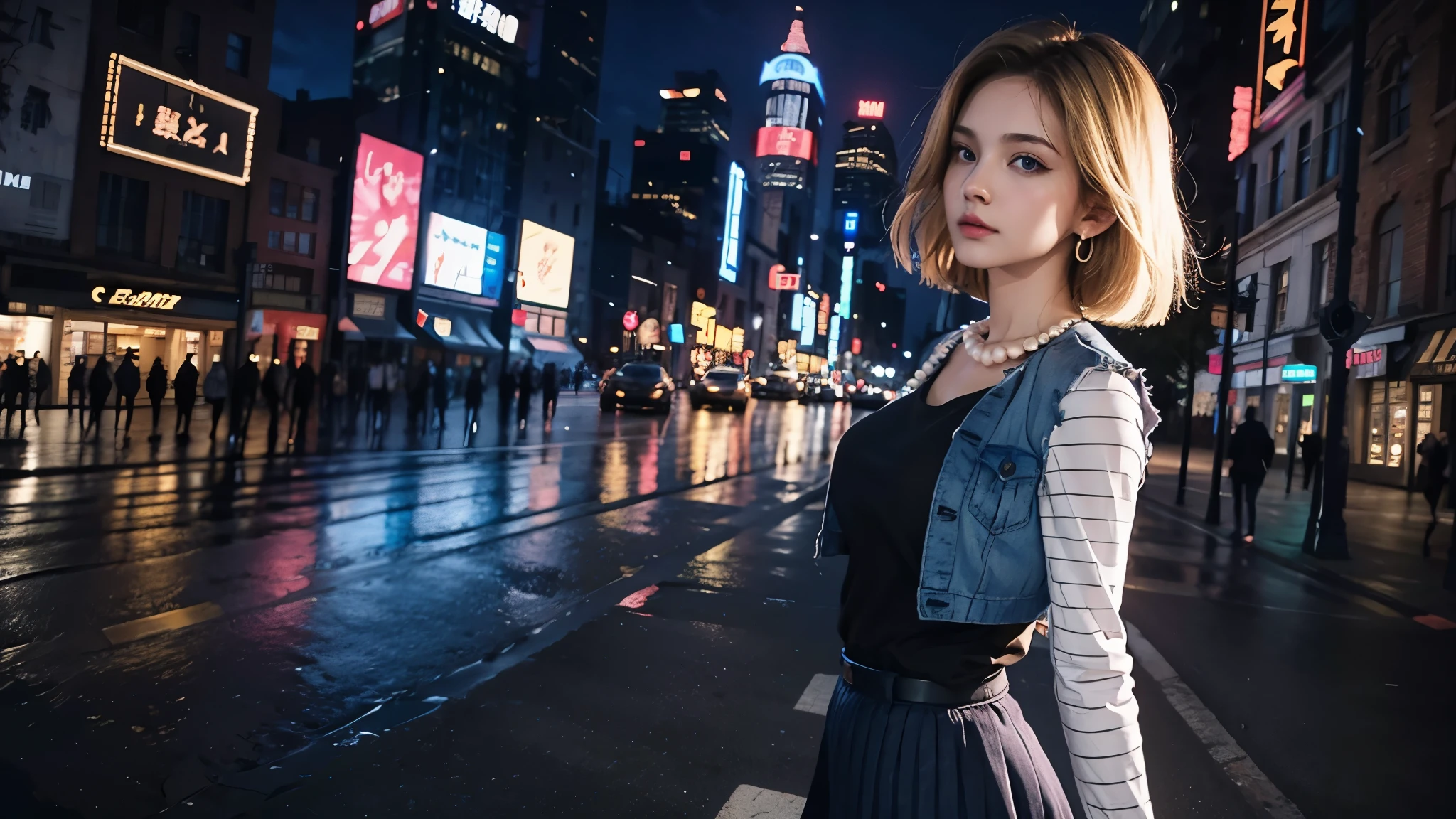 best quality, high resolution, and 18, 1 girl in, 18, alone, blonde hair, blue eyes, short hair, earrings, pearl necklace, denim dress, open vest, black pantyhose, black shirt, Denim skirt, striped long sleeves, blue skirt, medium breasts, Cowboy shooting, street, (Breast enlargement: 1.2)，futuristic city，night，cyberpunk，