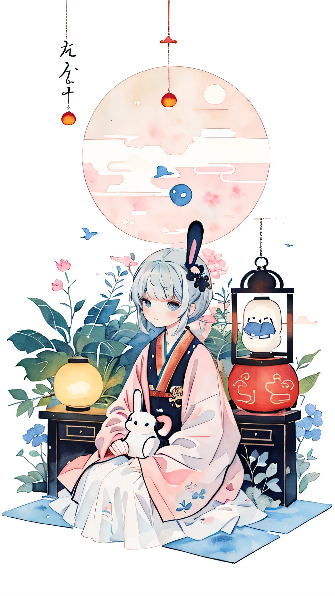 (pastel colors:1.3)、(cute illustration:1.3)、(watercolor painting:1.1),（a rabbit：1.4）, sit on the floor, look up, （（Mid-Autumn Festival atmosphere，Osmanthus fragrans，Kongming Lantern，Half mooncake）），（Chinese character：1.3），Chinese traditional illustration style, the art of mathematics, simple background, masterpiece on white background, best quality, super detailed, high quality, 4k