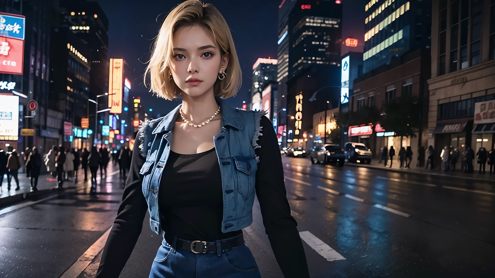 best quality, high resolution, and 18, 1 girl in, 18, alone, blonde hair, blue eyes, short hair, earrings, pearl necklace, denim dress, open vest, black pantyhose, black shirt, Denim skirt, striped long sleeves, blue skirt, medium breasts, Cowboy shooting, street, (Breast enlargement: 1.2),futuristic city,night,cyberpunk,