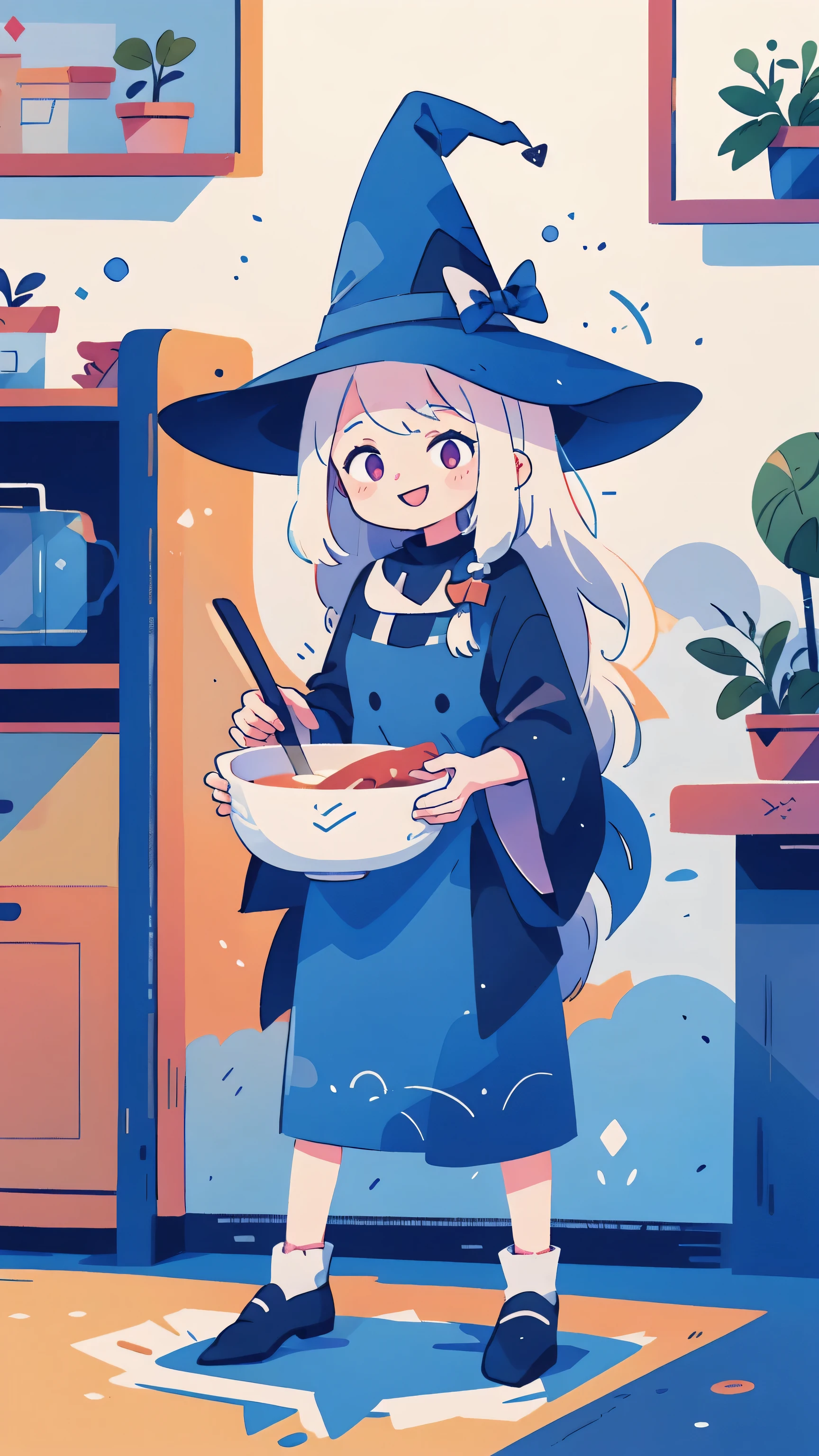 Witch stirs cauldron with vanilla, smiling, indoors, and there is a skull.