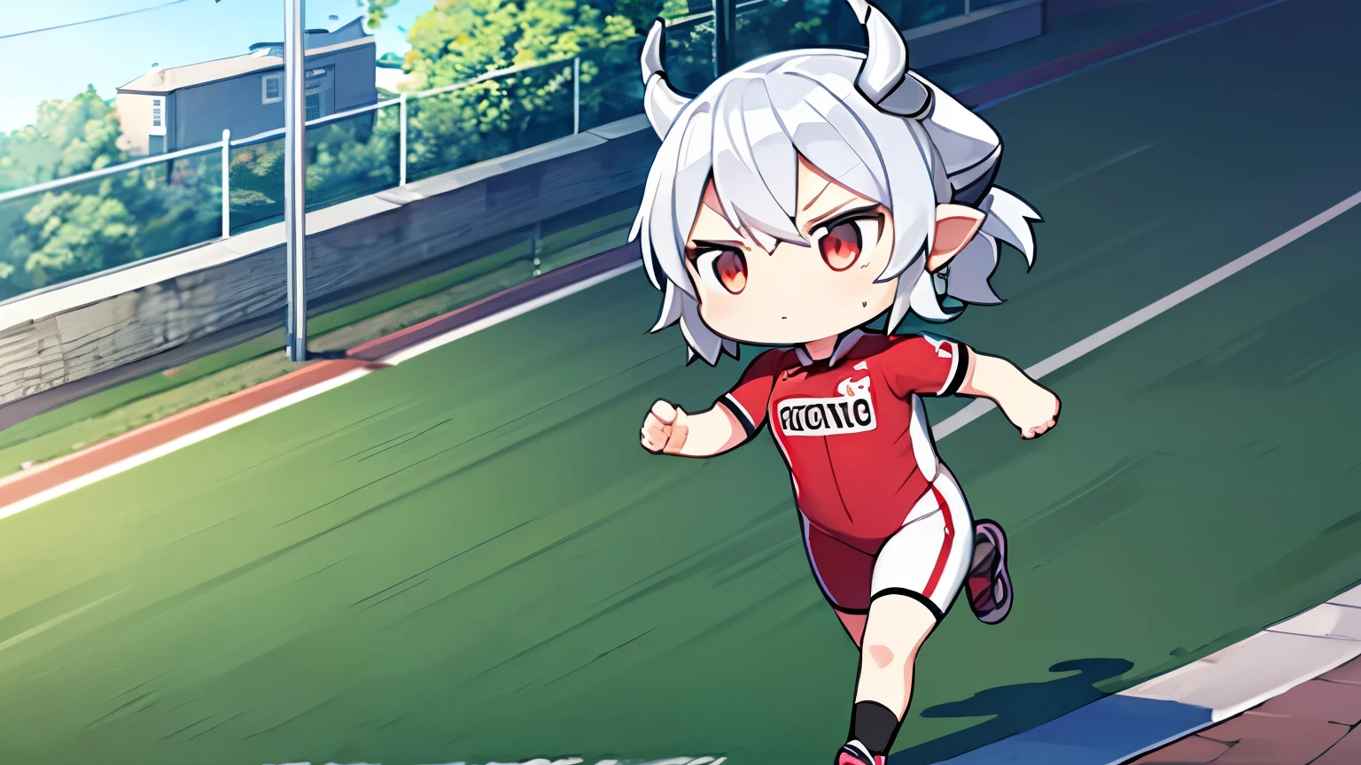 1 girl, silver short hair, Silvery horns,  
chibi, full body, 
(red jersey), running, tired, 
track and field track, 
highest quality, High resolution, perfect pixel, Depth of the bounds written, 4k, beautiful anime girl