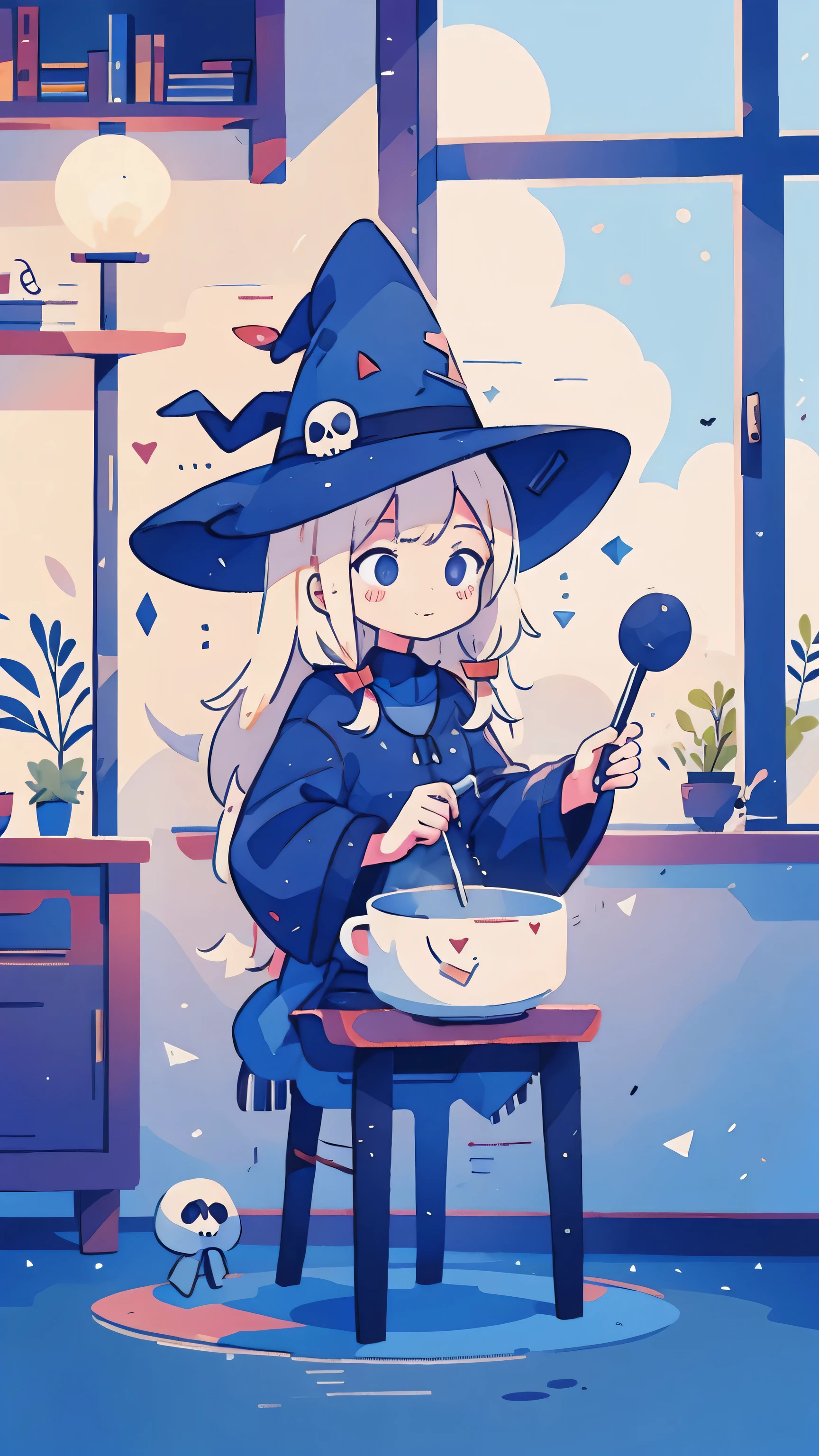 Witch stirs cauldron with vanilla, smiling, indoors, and there is a skull.