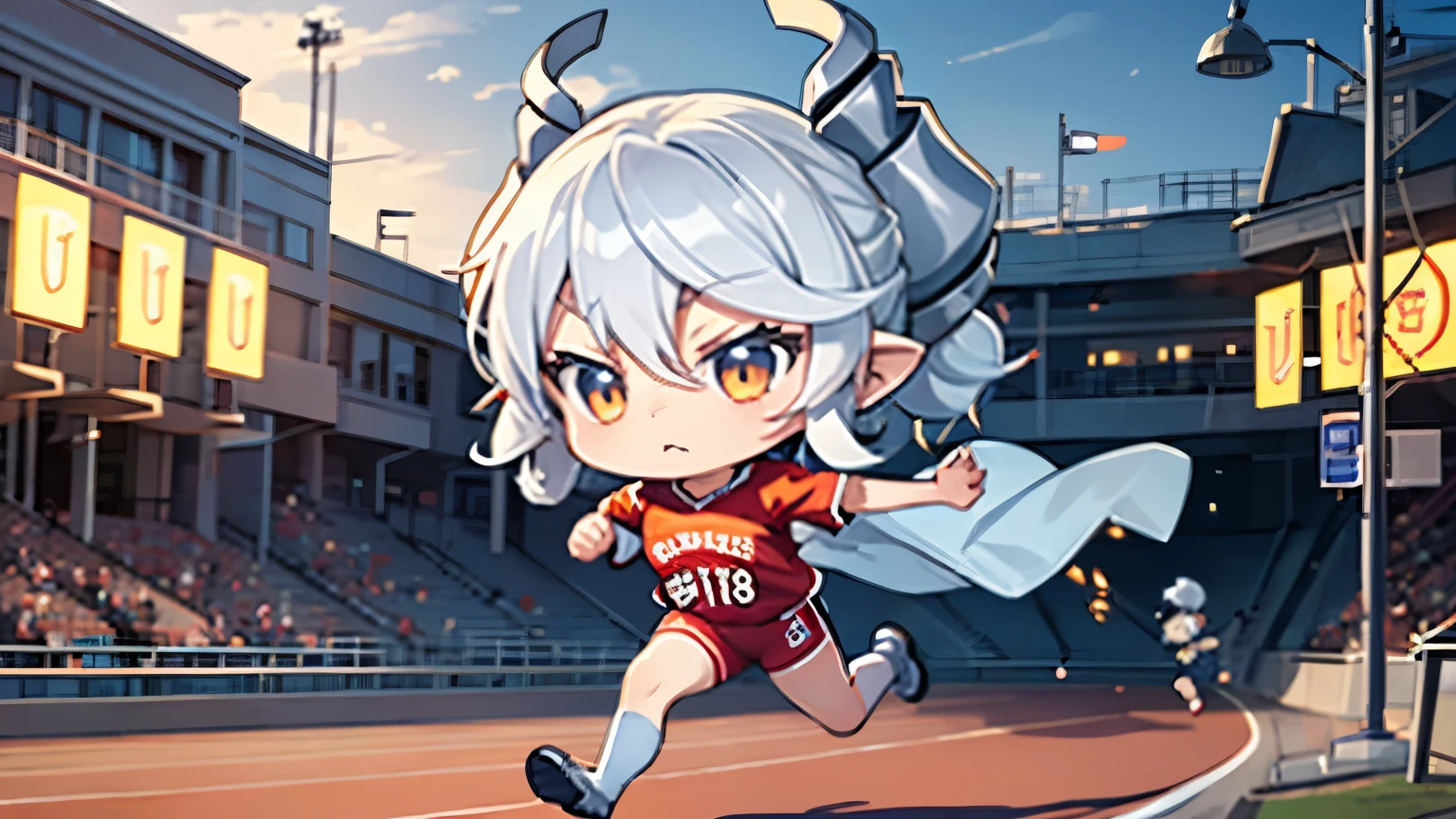 1 girl, silver short hair, Silvery horns,  
chibi, full body, 
(red jersey), running, tired, 
track and field track, 
highest quality, High resolution, perfect pixel, Depth of the bounds written, 4k, beautiful anime girl