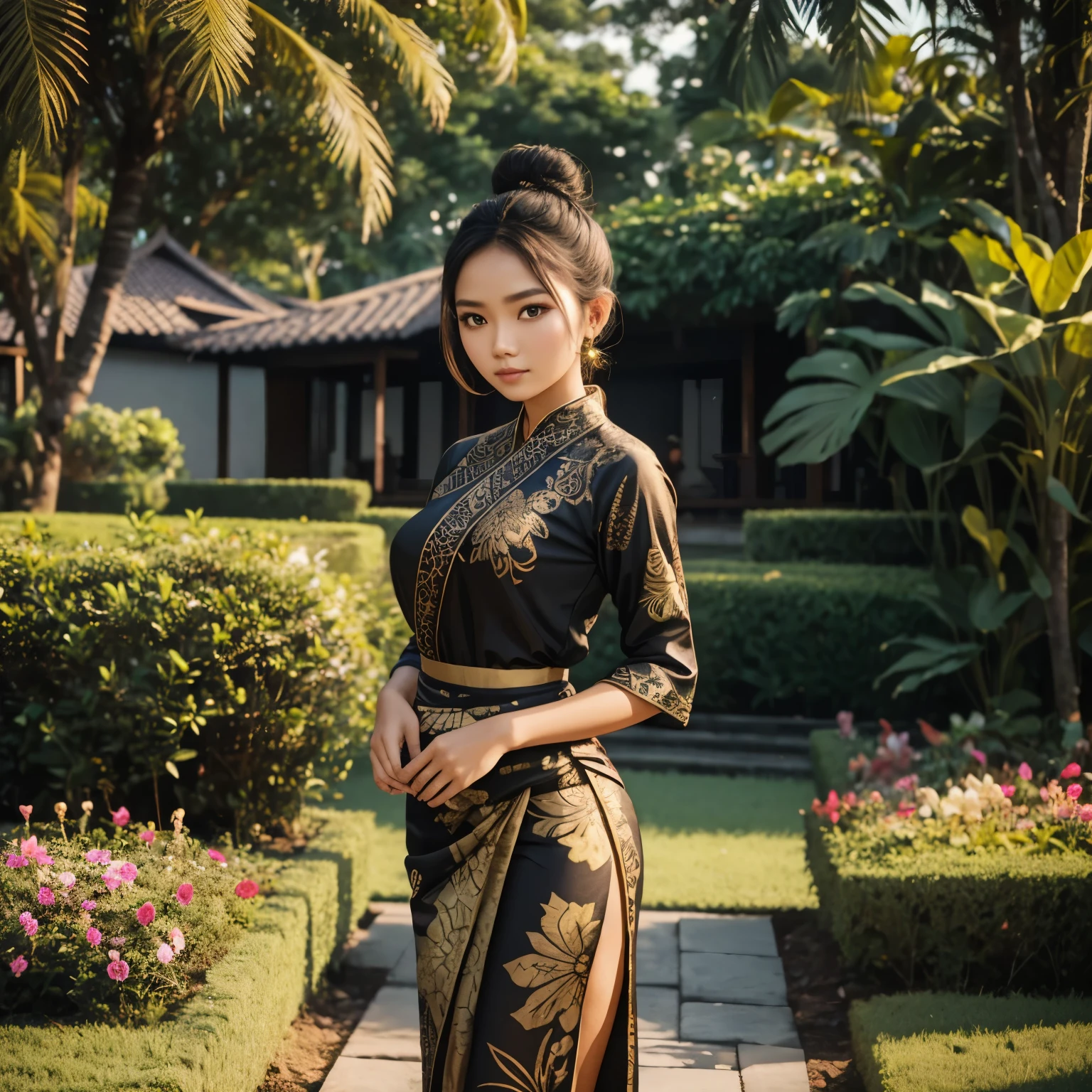 Statuesque Indonesian girl, very beautiful, bun hair, skintight black traditional kebaya, batik sarong, flower garden background, golden hour light