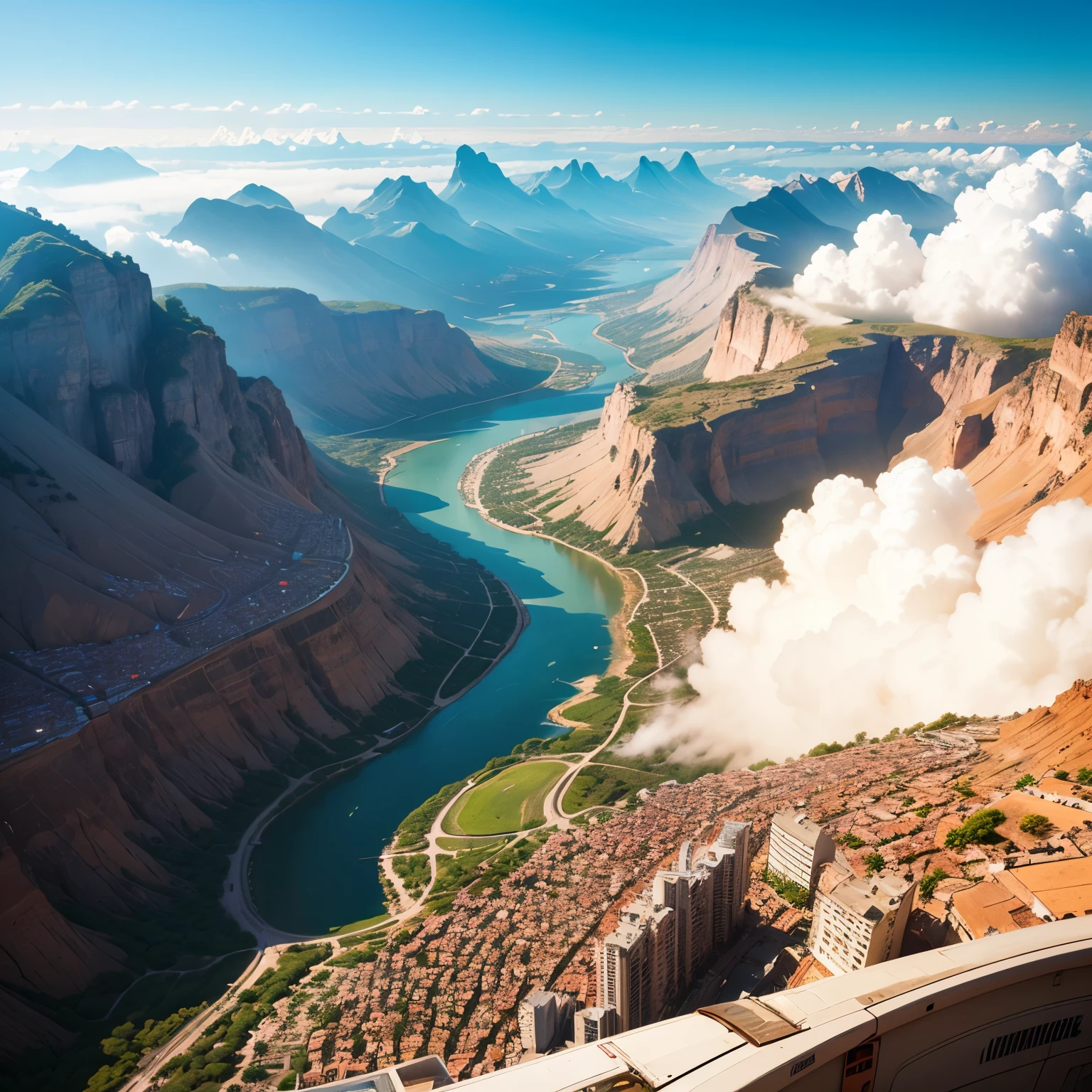 The view from the airplane window, cloudy day, Sunlight--,Terraces,clouds,river