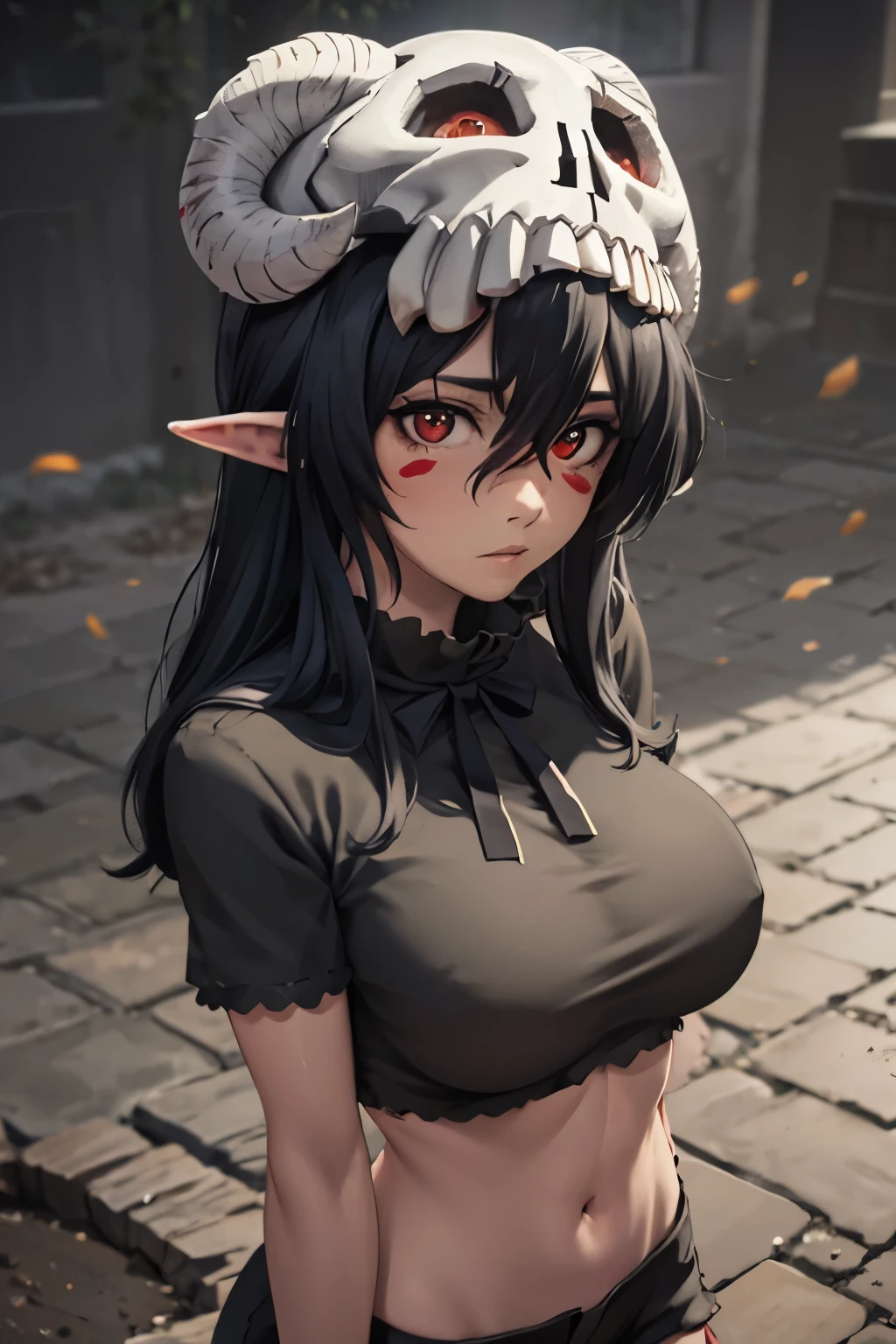 (Ultra Real), (Illustration), (High Resolution), (8K), (Very Detailed), (Best Illustration), (Beautiful Detailed Eyes), (Best Quality), (Ultra Detailed), (Masterpiece) Large breasts, Bare shoulders attractive legs, (busty), (perky) (large ass) (bubble butt) human_feet, messy hair facial mark,barefoot,long hair,skull (hands on own ass) (grabbing own ass) (red eyes:1.7), brown hair, shirt, ribbon, school uniform, white shirt, black ribbon, neck ribbon, black shorts, (black hair:1.5), hair ends in red, elf ears, face close up,