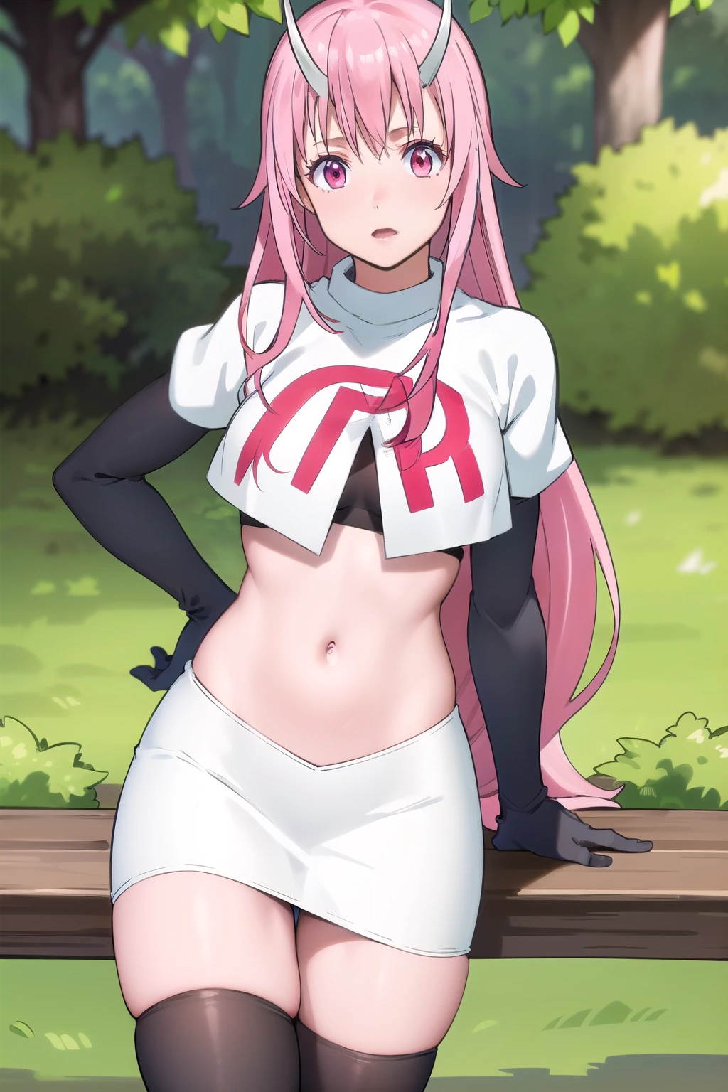 photorealistic, (4k), depth of field, (Masterpiece), (realistic skin texture), extremely detailed, intricate, hyper detailed, professional photography, high resolution, sharp detail, best quality, girl, long hair, pink hair, pink eyes, horns, team rocket,team rocket uniform,white skirt,red letter R,crop top,black thigh-highs,black elbow gloves
