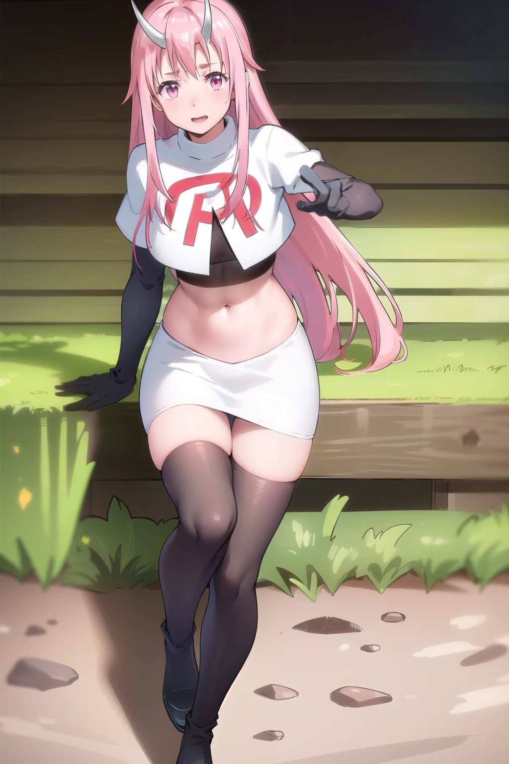 photorealistic, (4k), depth of field, (Masterpiece), (realistic skin texture), extremely detailed, intricate, hyper detailed, professional photography, high resolution, sharp detail, best quality, girl, long hair, pink hair, pink eyes, horns, team rocket,team rocket uniform,white skirt,red letter R,crop top,black thigh-highs,black elbow gloves
