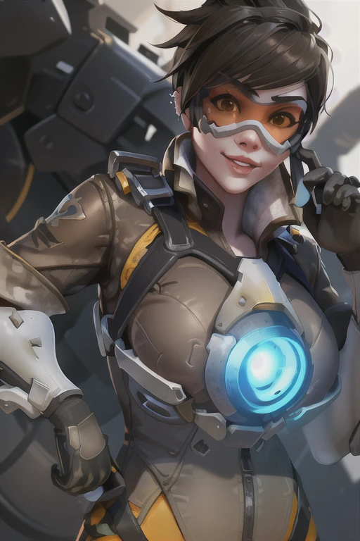 TracerOver, 1girl, tracer (overwatch), solo, orange goggles, brown hair, goggles, short hair, spiked hair, brown eyes, upper body, harness, jacket, bomber jacket, smile, looking at viewer, bodysuit, chest harness, bangs, parted lips, teeth, orange body suit, lips, brown jacket, piercing, insanely detailed and intricate, High quality, high coherence, deep focused image, realistic full-length photo, anatomically correct, short hair, in a futuristic city, hypermaximalist, sensual, provocative, beautiful, exotic, revealing, appealing, attractive, erotic, 