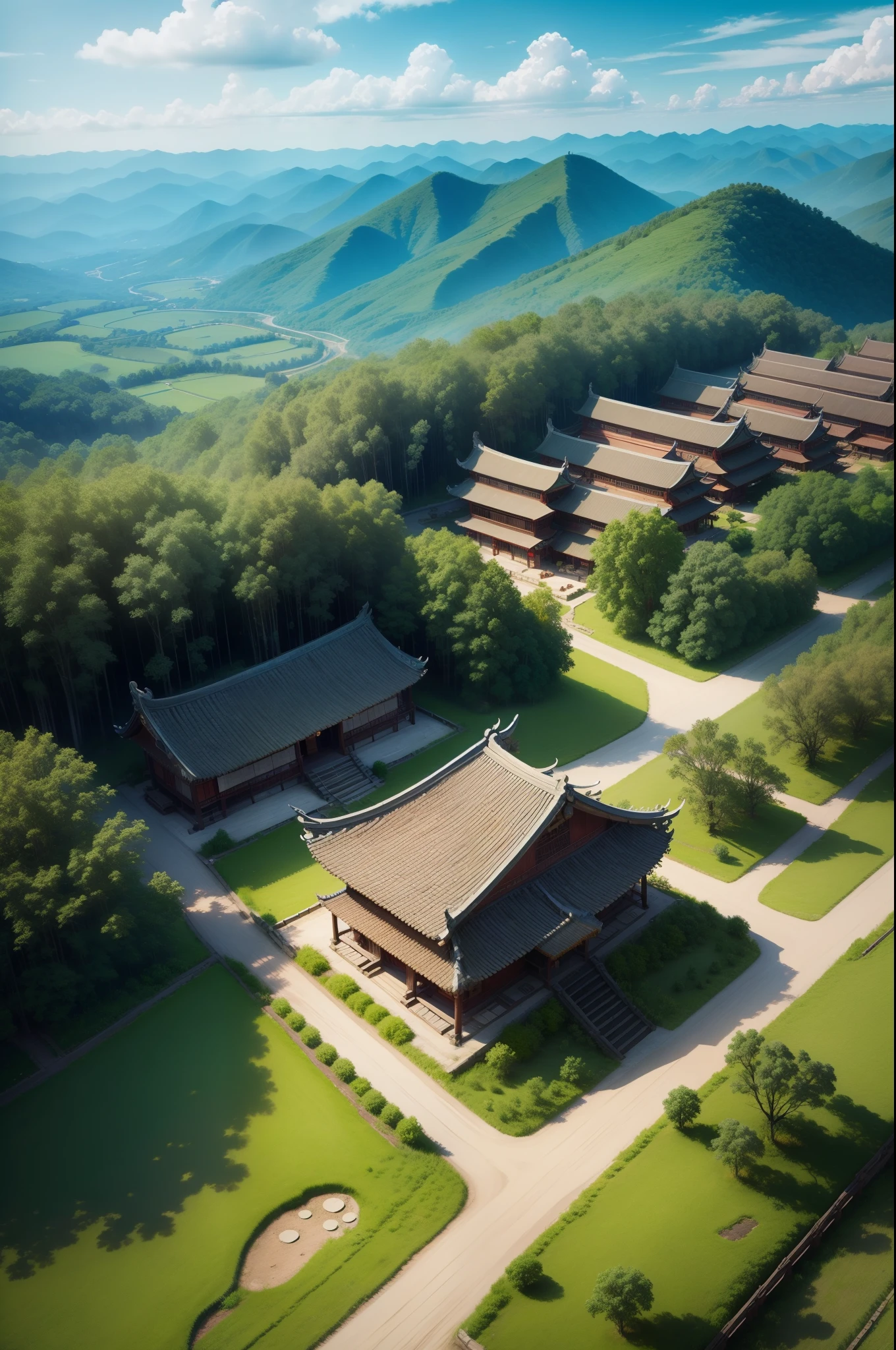 Aerial View,scenery, forest,Chinese village, well, sky, clouds,