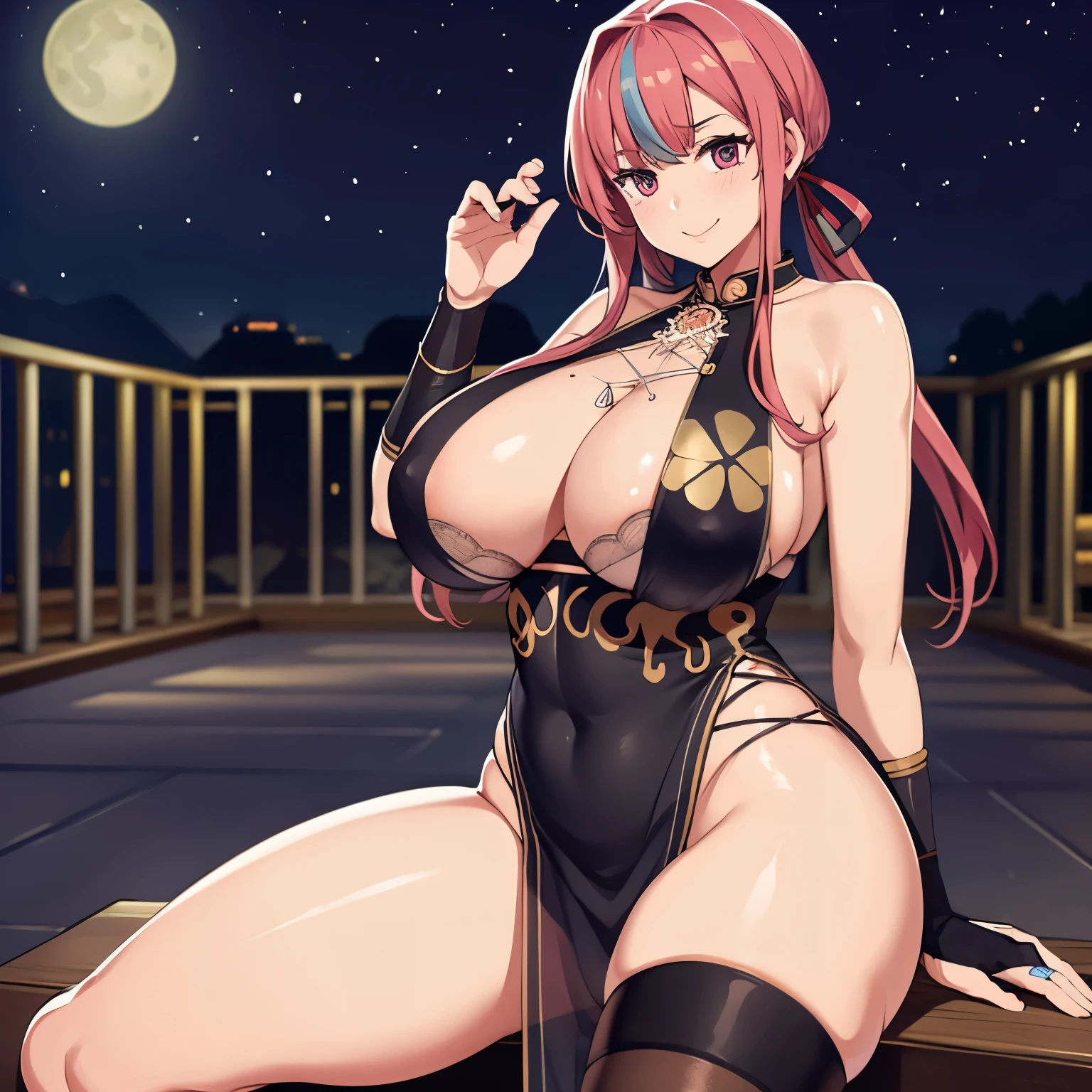 A woman in a park at night, smiling, pink hair with gray detail, big breasts
