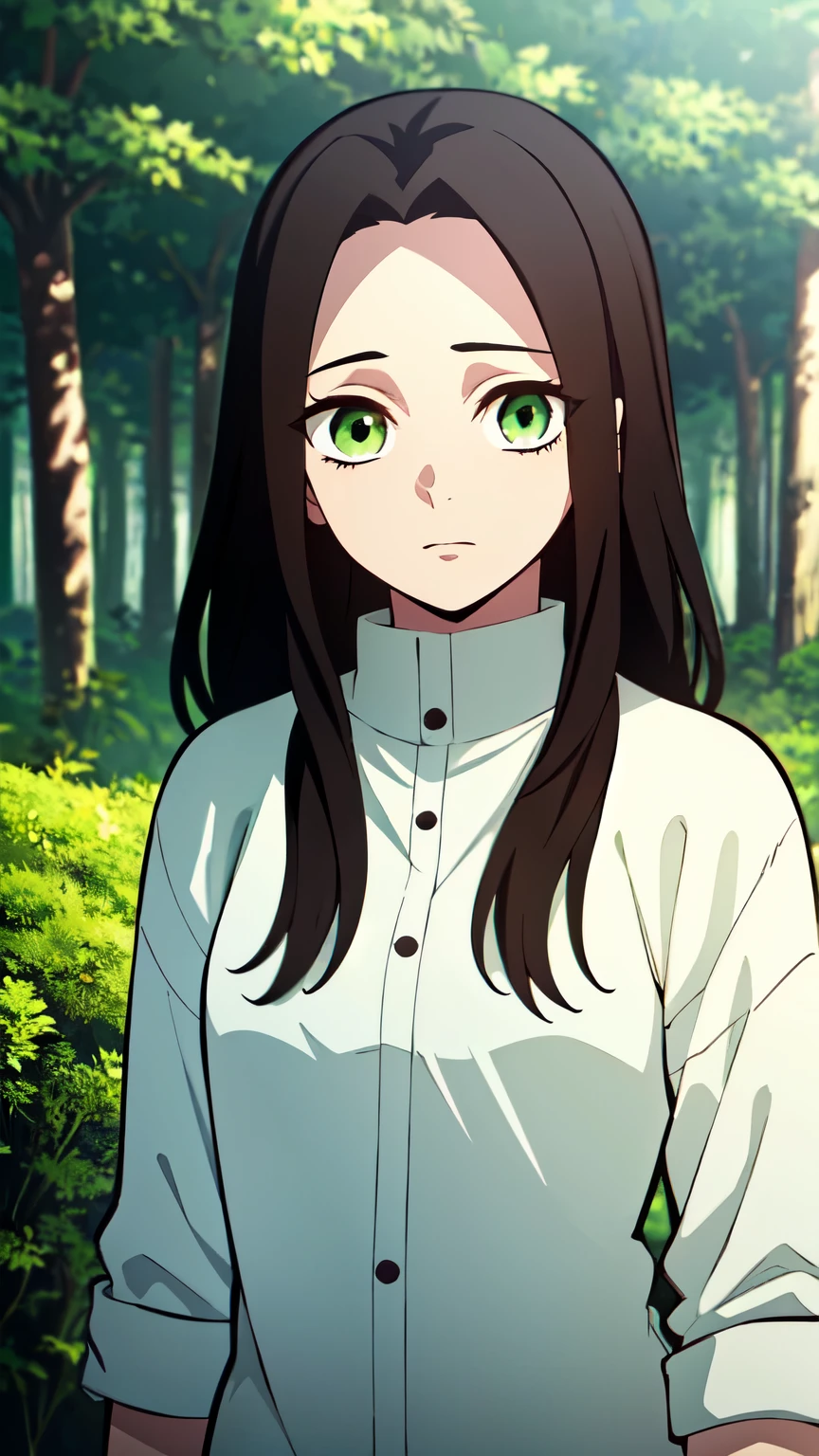 (best quality:1.2), 19-year-old young woman, extremely long flowing brown hair, bright green eyes gazing at the viewer. In a summery forest, with trees and vegetation a su alrededor. Primer plano, sola, paleta de colores armonizada, elegante, expression in love. 