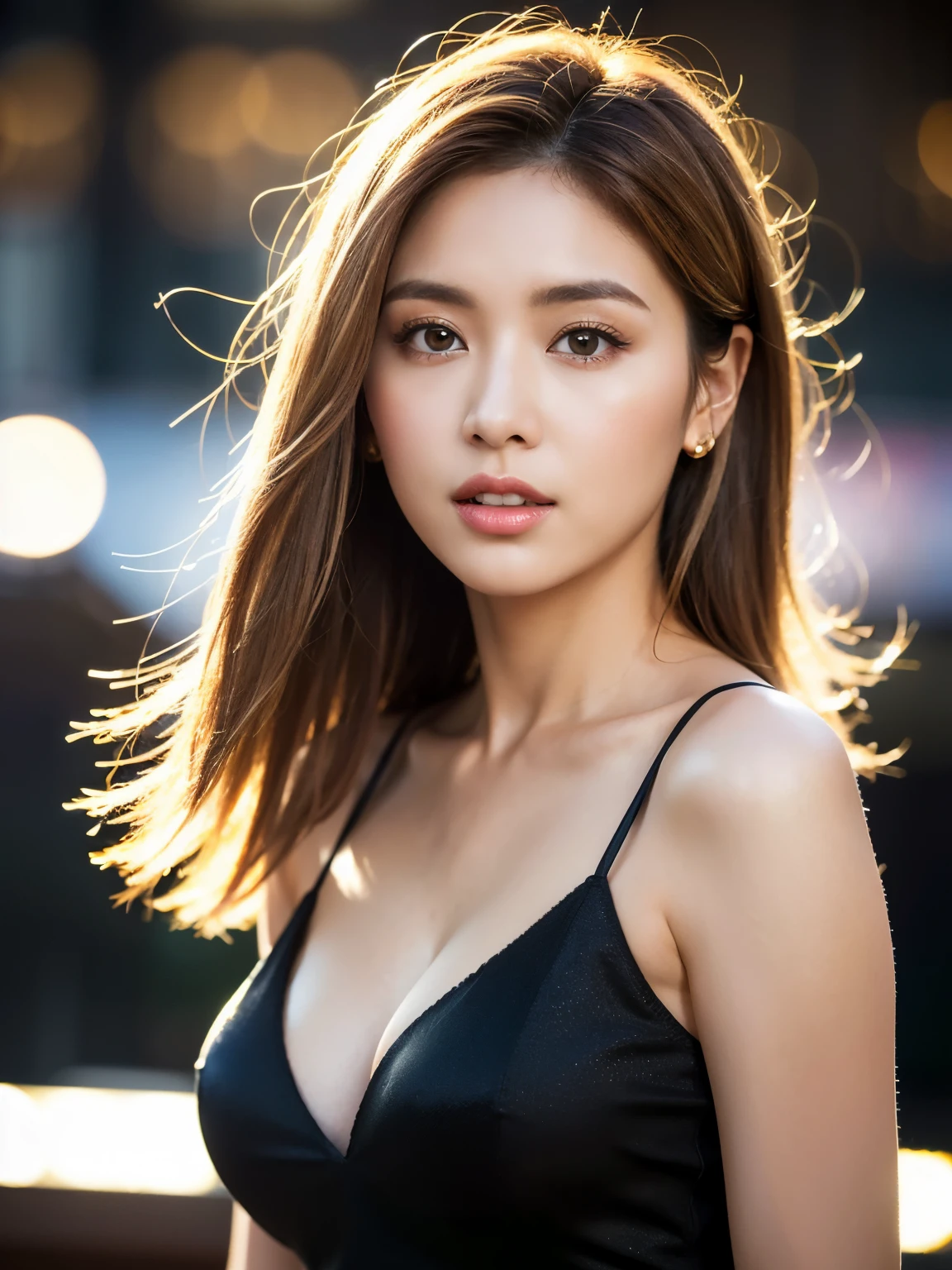 (((realistic))),
Half body portrait of a woman,brown hair with blonde highlights,night city background,detailed face,Big eyes,
Bokeh, diffused lighting,Backlight, sharp focus,centered frame,symmetrical,(((Helios 44-2 58mm F2))) ,silk black camisole、principle of not wearing underwear、