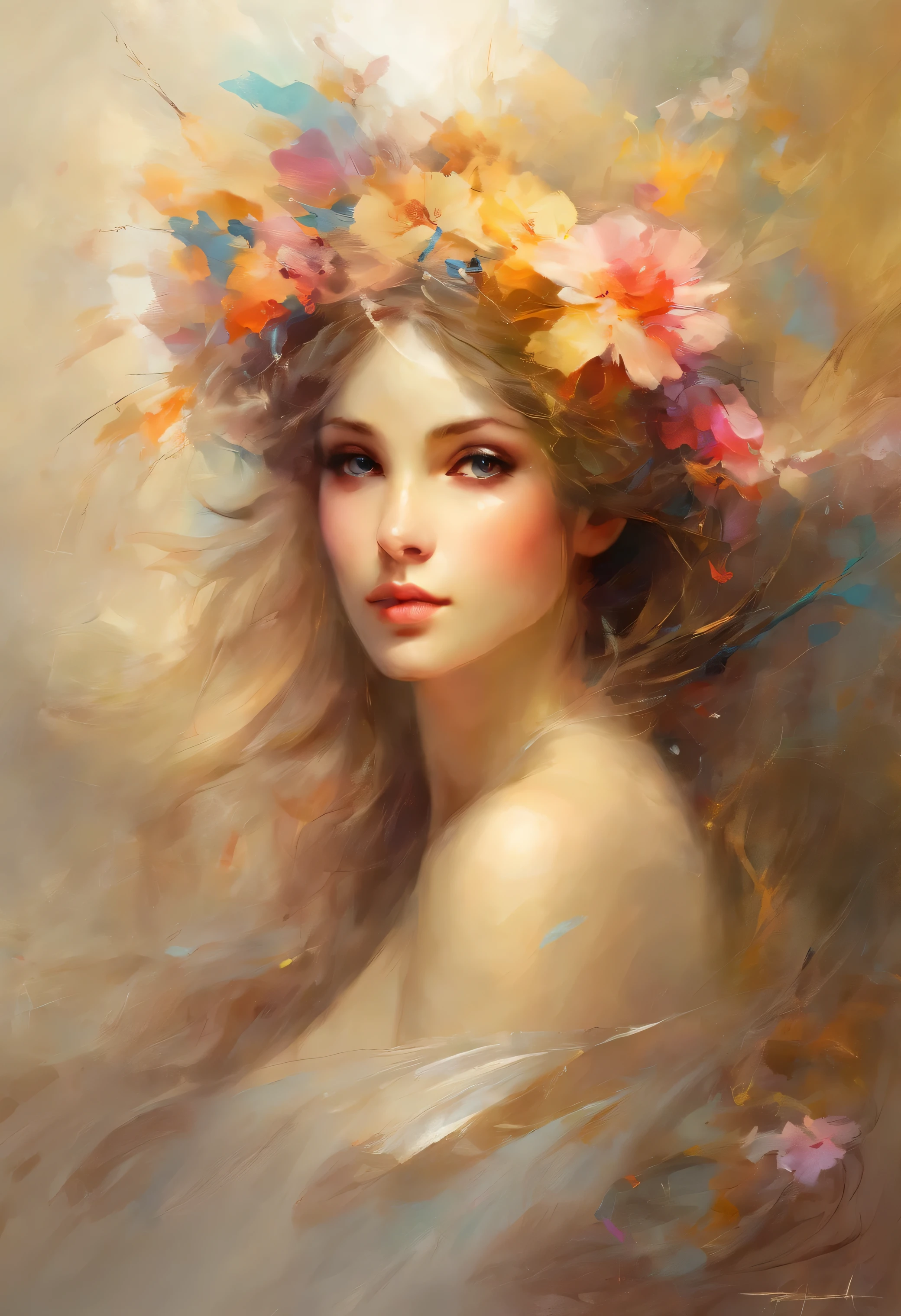 An artwork inspired by Pino Daeni, perfect body shape, perfect hands, sketch, drawing, or watercolor artwork impasto style. Perfect reflections. Abstract impasto background, light beige color only