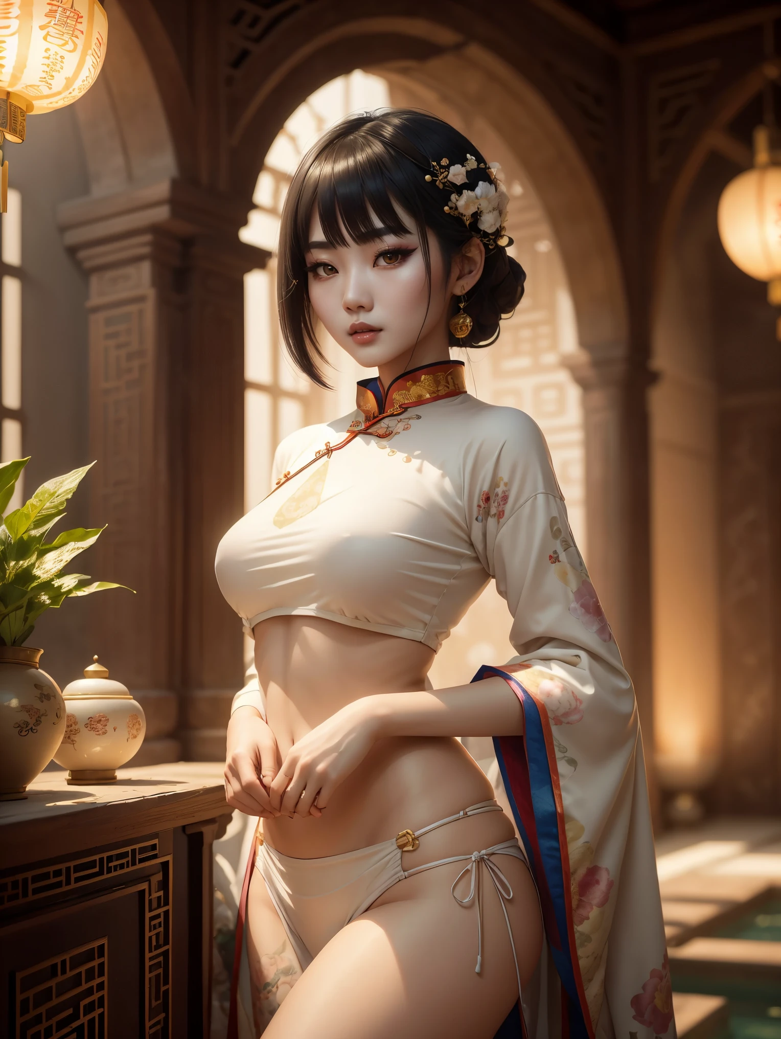soft_light, (((soft lighting, Masterpiece portrait of Asian goth beauty wearing Cheongsam|bikini))) standing in A cozy small garden pool of an ancient Alhambra building, Persia-inspired, colorful pillows, and carpets, by Greg Rutkowski dynamic lighting hyperdetailed intricately detailed triadic colors Unreal Engine 5 volumetric lighting with god's rays Alphonse Mucha WLOP Jordan Grimmer. soft shadows.