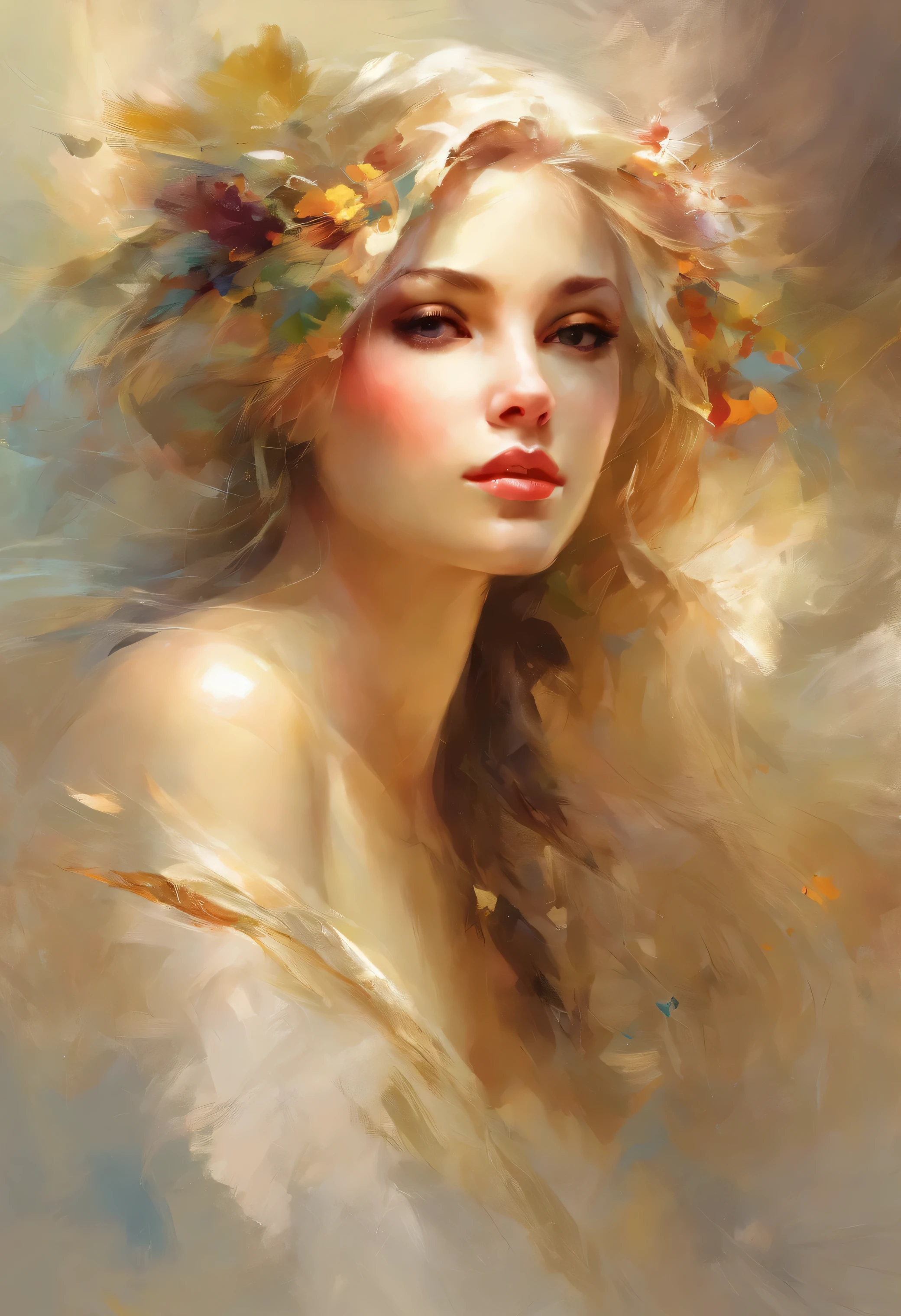 Portrait artwork inspired by Pino Daeni, perfect body shape, perfect hands, sketch, drawing, or watercolor artwork impasto style. Perfect reflections. Abstract impasto background, light beige color only