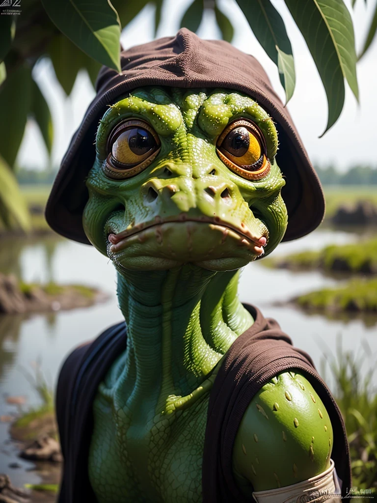 ((best quality: 1.5)) ((masterpiece: 0.8)), intricate details, sharp focus, professional, photorealistic,, ((green jarjar binks, gungan, swamp))