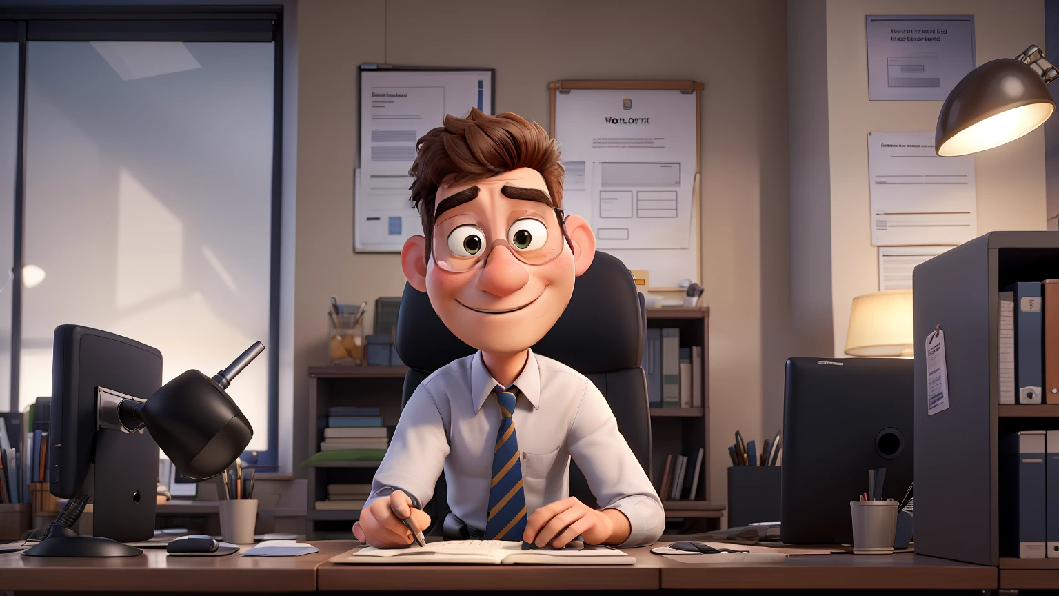 ((detailed)), Male office worker working in the office,
pixar style, Working during the day, There is a computer and documents on the desk, Working under bright lights