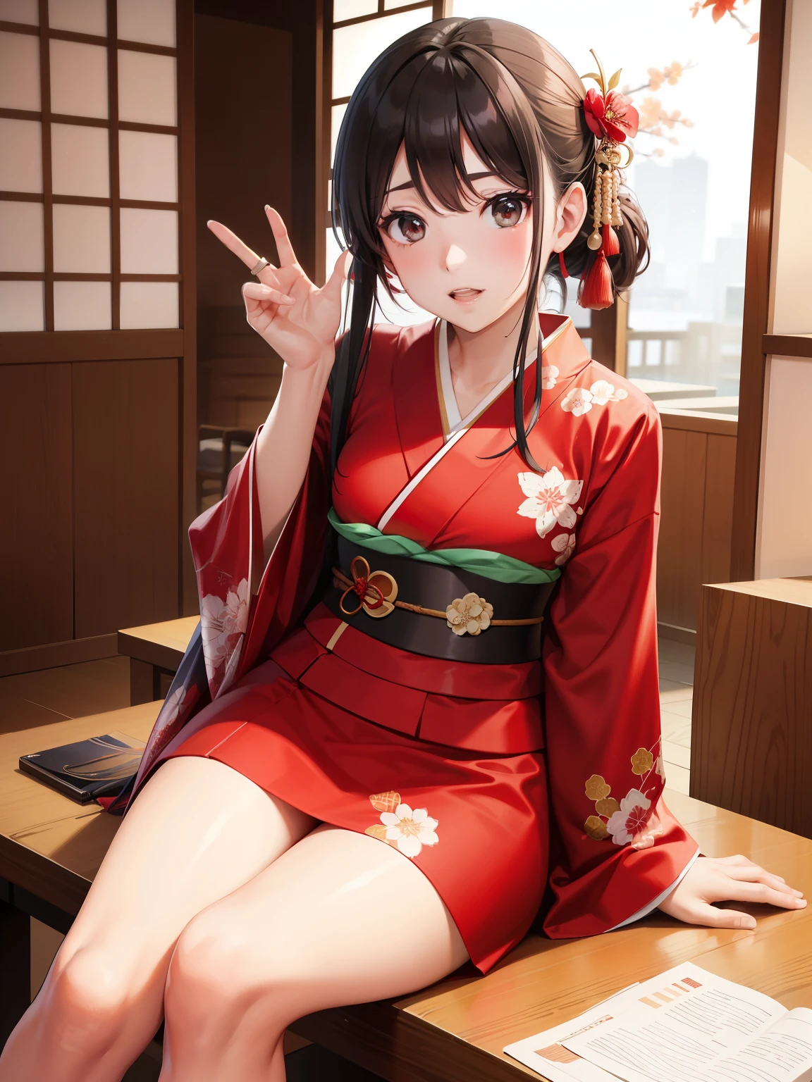 wearing a red kimono、I'm drunk
