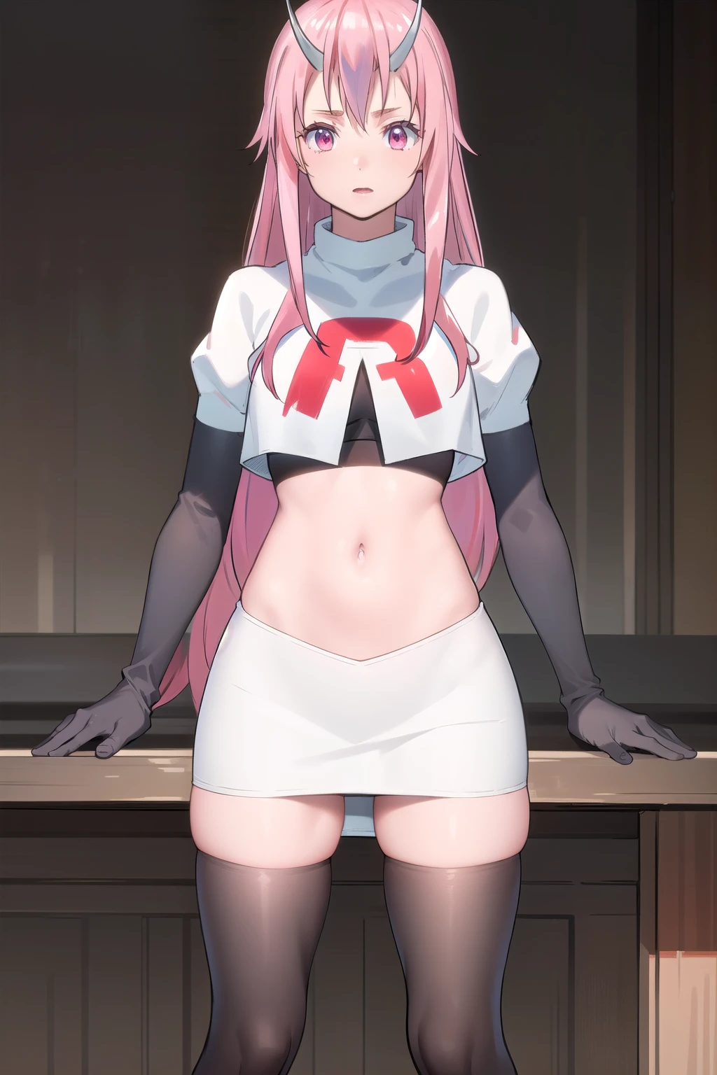 photorealistic, (4k), depth of field, (Masterpiece), (realistic skin texture), extremely detailed, intricate, hyper detailed, professional photography, high resolution, sharp detail, best quality, girl, long hair, pink hair, pink eyes, horns, team rocket,team rocket uniform,white skirt,red letter R,crop top,black thigh-highs,black elbow gloves