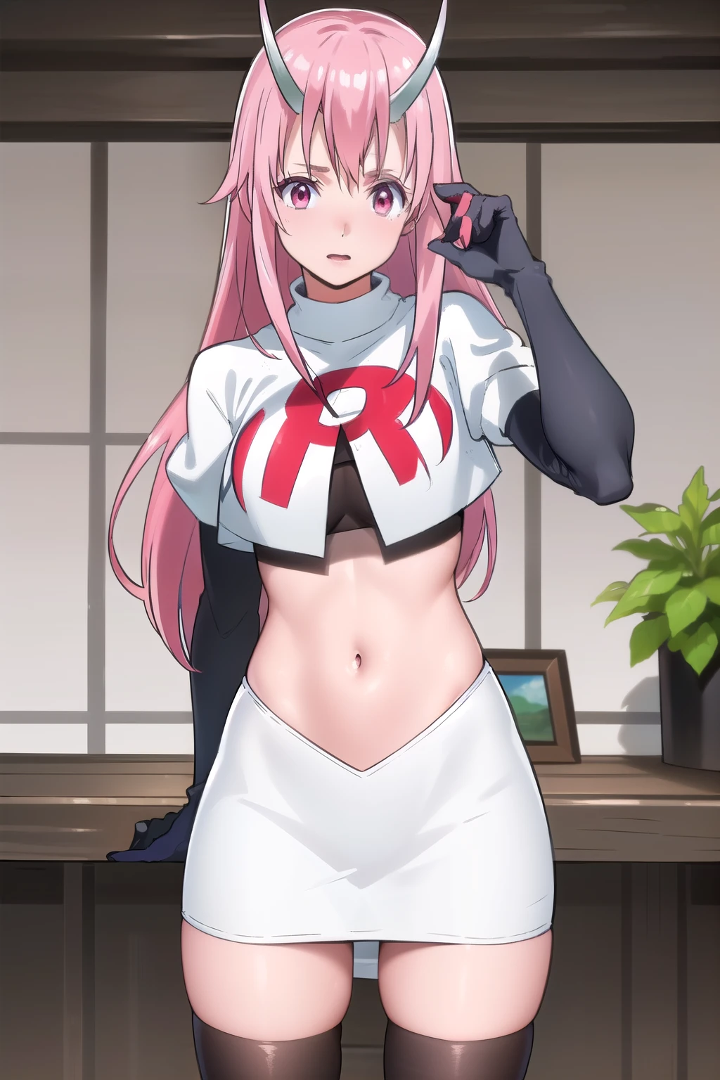 photorealistic, (4k), depth of field, (Masterpiece), (realistic skin texture), extremely detailed, intricate, hyper detailed, professional photography, high resolution, sharp detail, best quality, girl, long hair, pink hair, pink eyes, horns, team rocket,team rocket uniform,white skirt,red letter R,crop top,black thigh-highs,black elbow gloves
