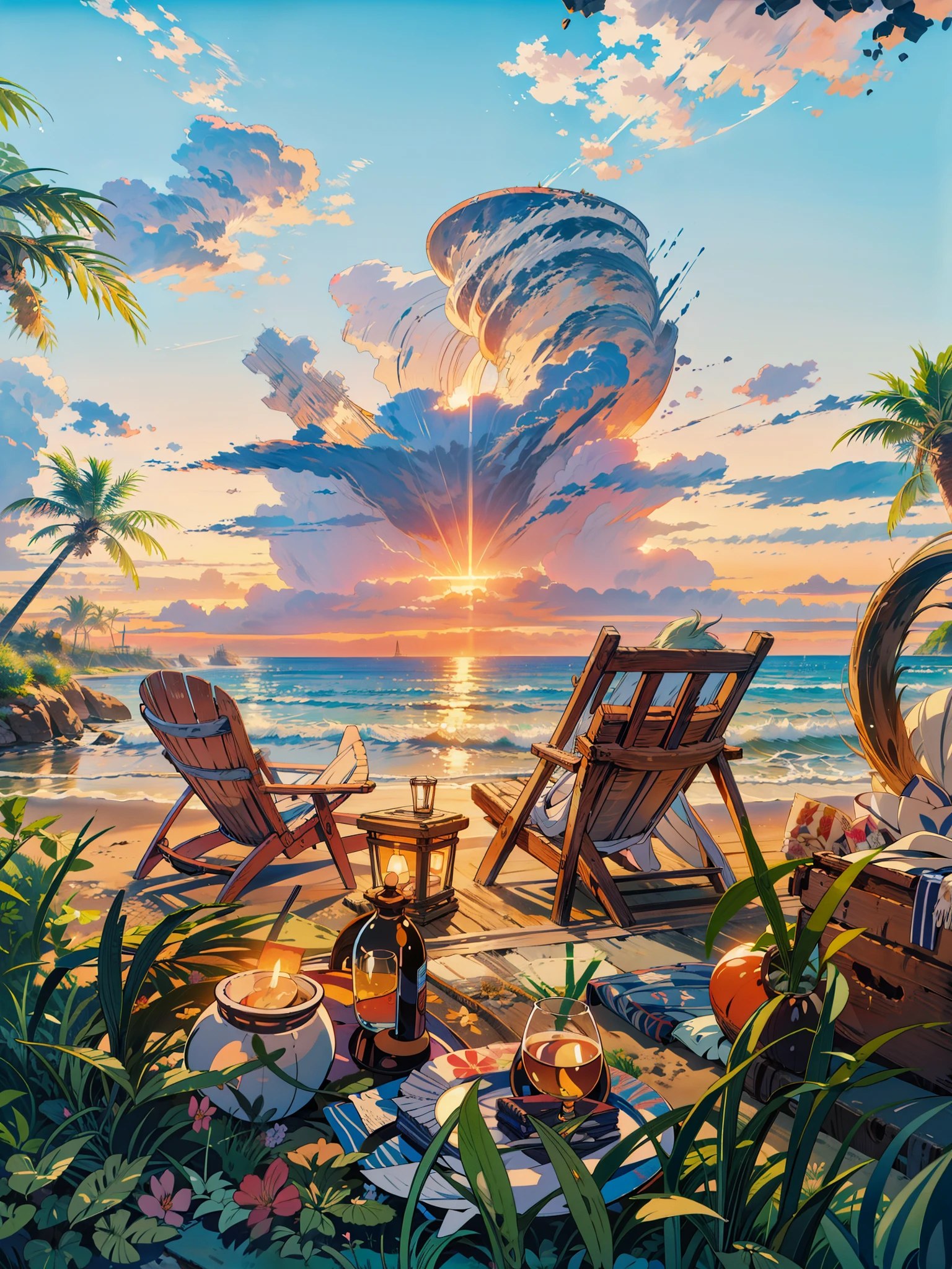 a painting of two lounge chairs on the beach, relaxing on the beach at sunset, dream scenery art, romanticism painting, which shows a beach at sunset, beach sunset background, gorgeous romantic sunset, is relaxing on a beach, magic realism painting, breath-taking beautiful beach, beach setting, scenery artwork, romantic painting, by mark keathley, magical beach