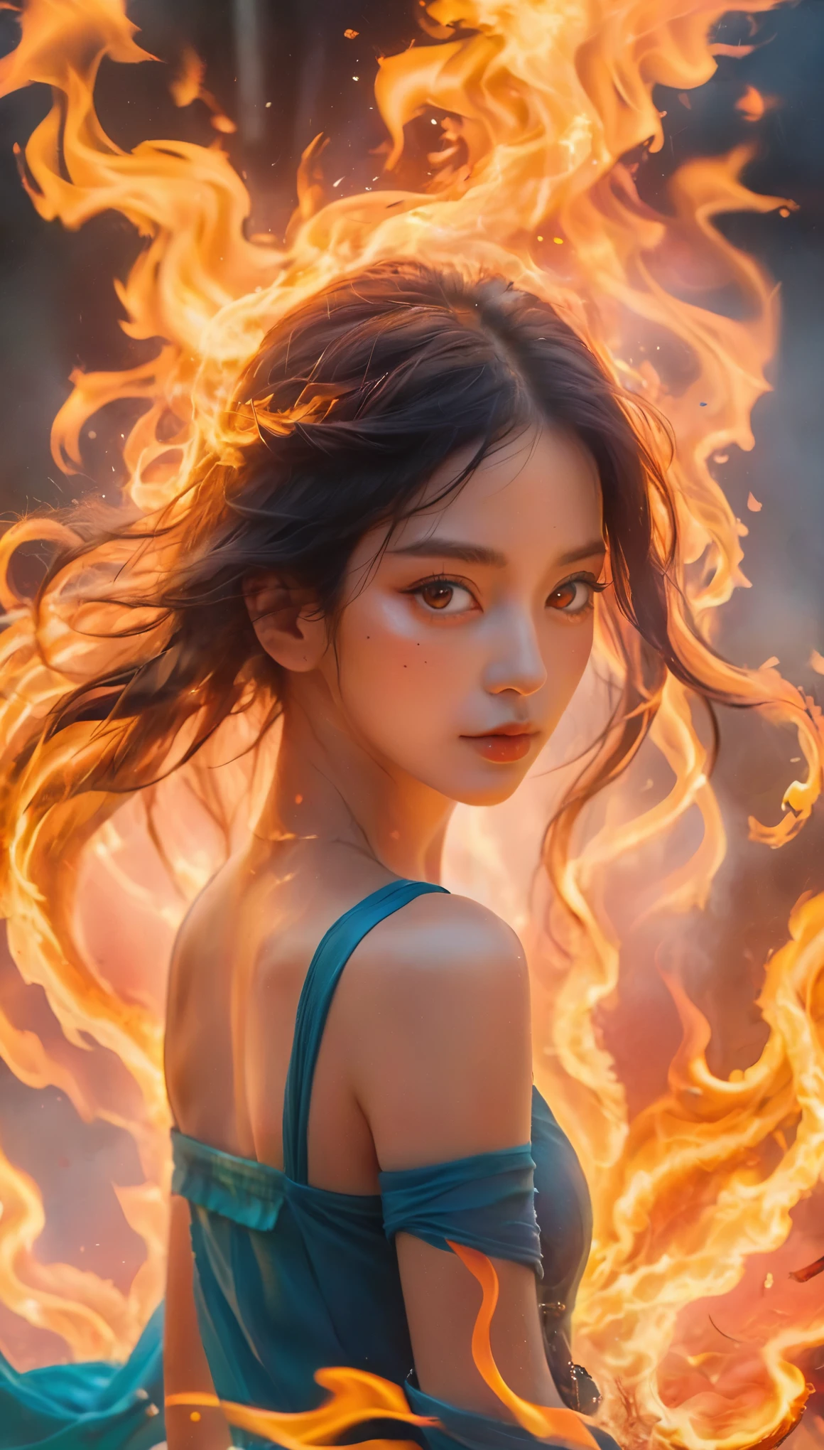 (elemento de fuego:1.1),It consists of elemento de fuego,(1 pechos enormes:1.2),incendio,Transparencia,ardiente,(Roca fundida),piel de llama,Frame print,ardiente hair,fumar,nube,picado,,girl engulfed in flames, Las llamas vuelan y las chispas se dispersan,mano ardiente,translucent luminescence,