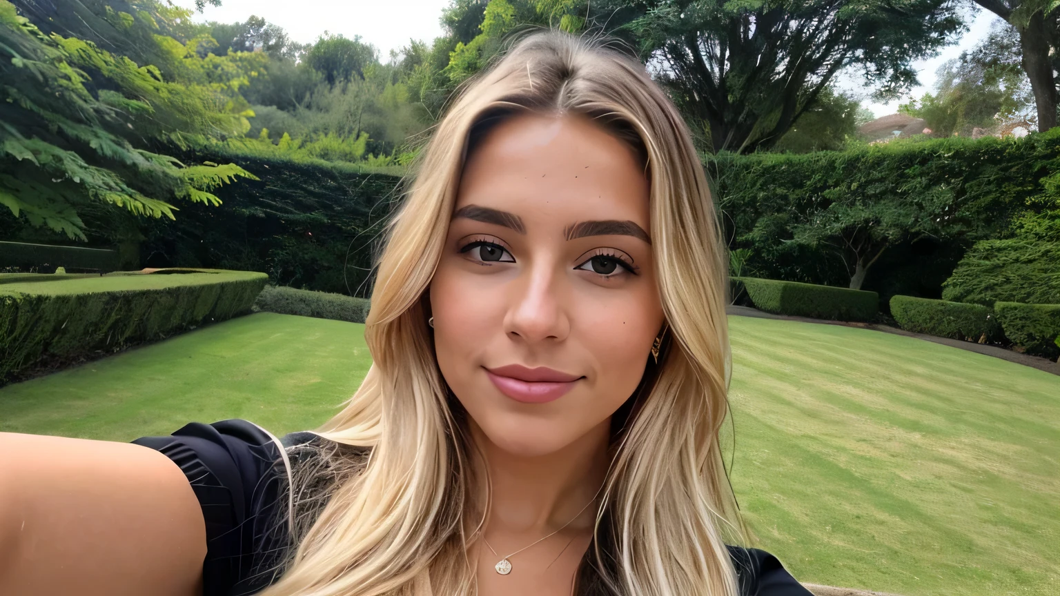 A 23-year-old blonde woman, ((pechos grandes)), ((hiperrealismo)) ,. blonde hair with light brown roots. cabello rubio, Hair with brown roots, cabello extra largo, cabello muy largo, really long hair, Beautiful, Front view, selfie, photo taken with iPhone, elegant black shirt with escote, escotada, selfie in the garden, high quality, selfie iPhone, cleavage