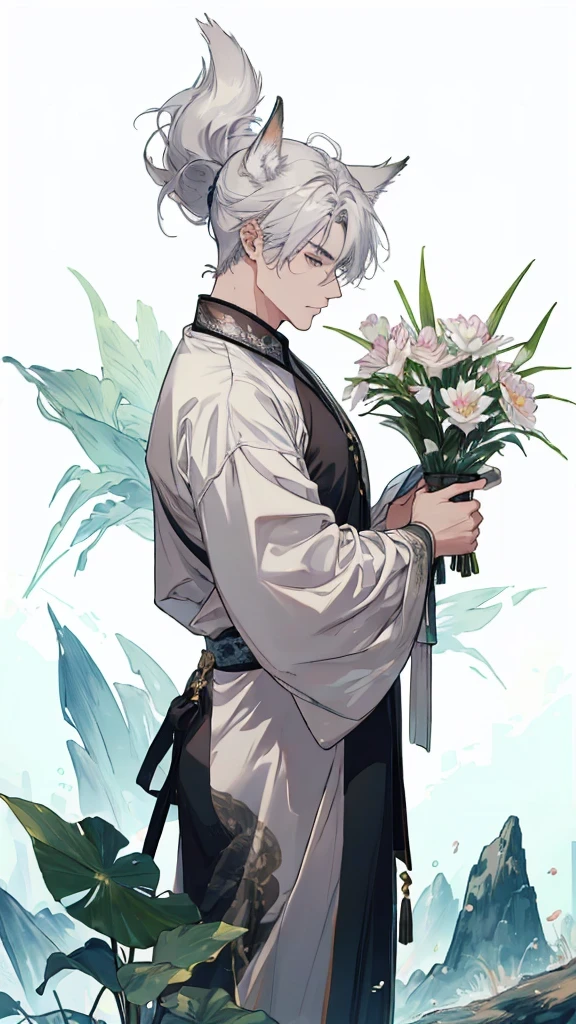 ((4k、Masterpiece、top quality))、Beautiful gray-haired man with fox ears、Strong dark-haired man with wolf ears、Ink painting and watercolor painting、Chinese traditional ink painting、lotus、Hanfu、maxi kit、Dress conservatively、 white hair, animal ears, foreigner, Floral fragrance, Lots of flowers nearby, Coyotes、Shenlong、The facial details are particularly rich、