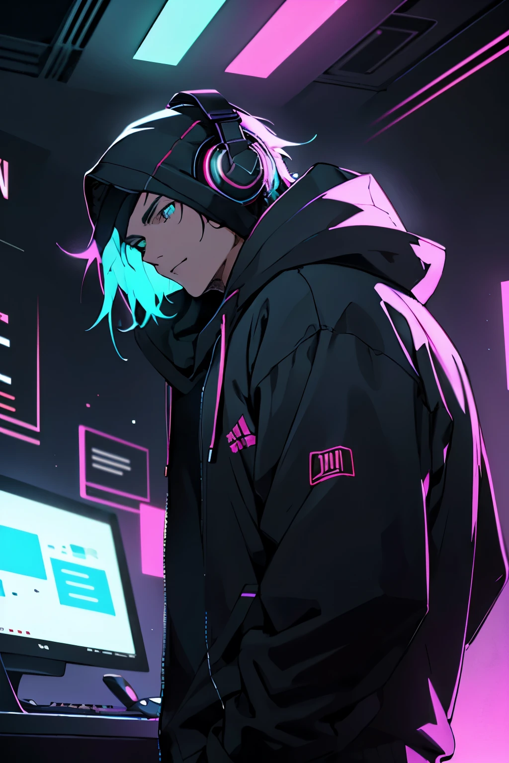 hooded man ninja with headphones, facing camera, with a table in front of it a electronic equipment, with black, white colors and vivid and neon background