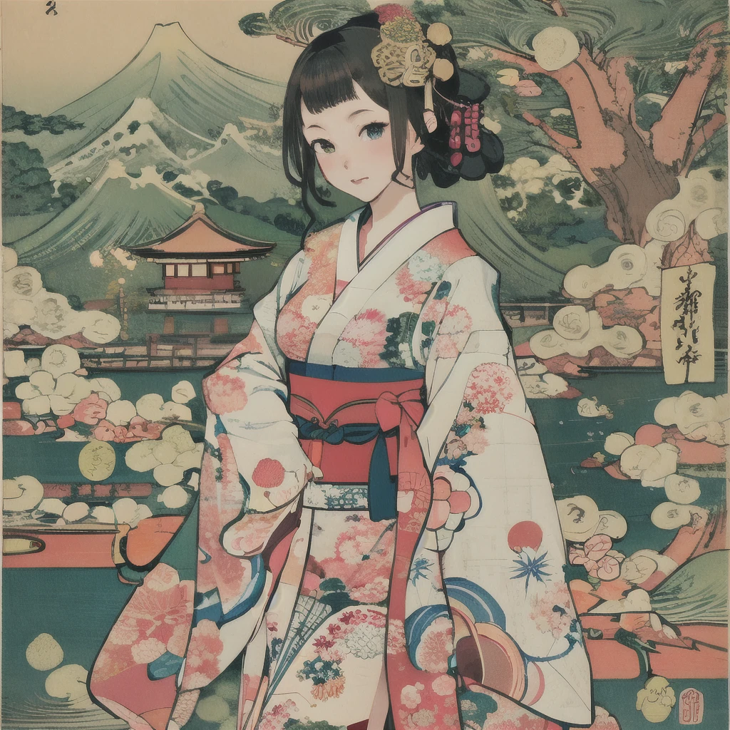 (masseter membrane、top quality、Ukiyo-e style、mystery、Exquisite and beautiful、official art、Sharaku:1.2)、(1 girl in:1.3)、(Fractal art:1.3)、cowboy shooting、White skin、(beautiful brunette、kimono:1.2)、Set against the backdrop of traditional Japanese performing arts、rich and colorful、(reel、Belongs to Japanese style:1.2)、glowing skin、spread your legs,Camel toe showing thigh!!!、