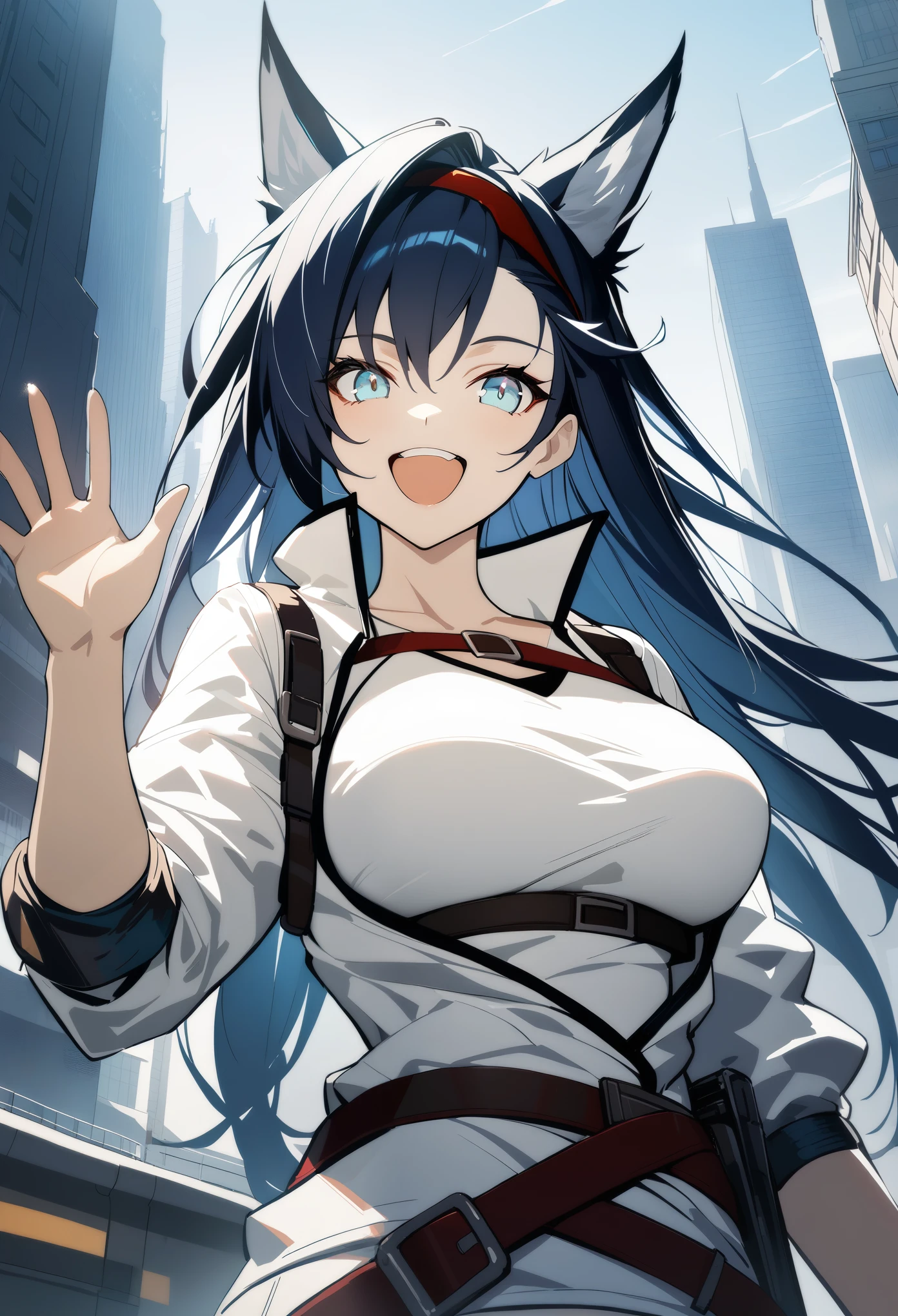 1girl, blaze\(arknights), arknights, upper body, standing, cat ears, black hair, long hair, blue eyes, breasts, underbust, :d, white jacket, white shirt, waving, city scape, cinematic angle, masterpiece, best quality