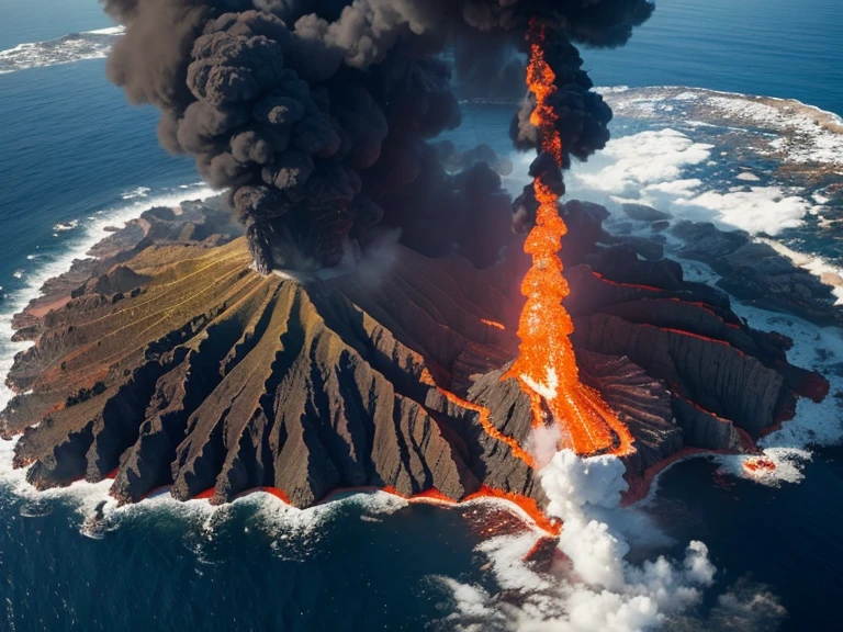 Aerial View, Eruption of submarine volcano, flowing lava pouring into the sea, intense steam, yacht