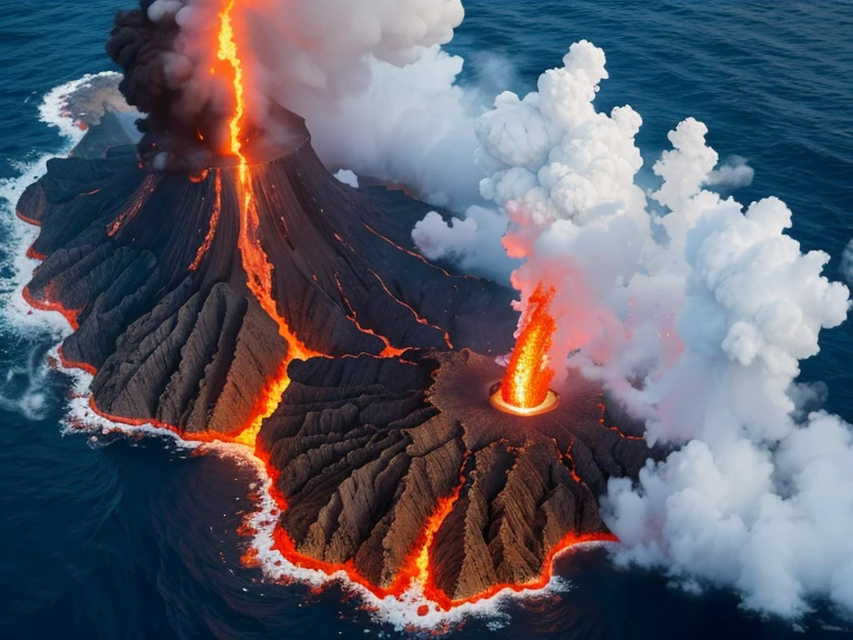Aerial View, Eruption of submarine volcano, flowing lava pouring into the sea, intense steam, yacht