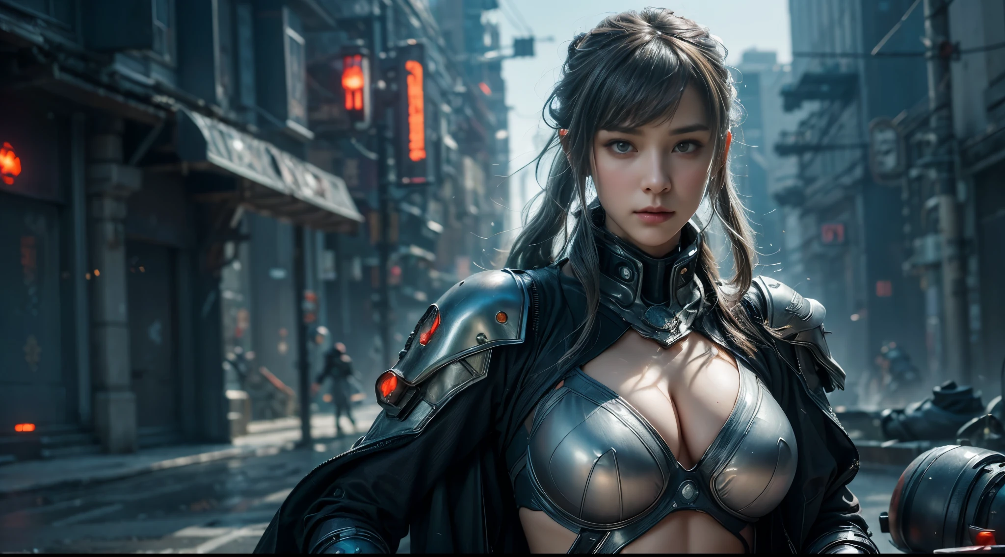 masterpiece,best quality,high resolution,8k,(portrait photo:1.5),(R original photo),real picture,digital photography,(Combination of cyberpunk and fantasy style),(female soldier),20 year old girl,Random hairstyle,through bangs,(red eye breasts, Accessories,Keep your mouth shut,Elegant and charming,Serious and arrogant,Calm and handsome,(Cyberpunk combined with fantasy style clothing,hollow-carved design,joint armor,Fight to expose your belly button,photo poses,Realistic style,gray world background,oc render reflection texture,sentry