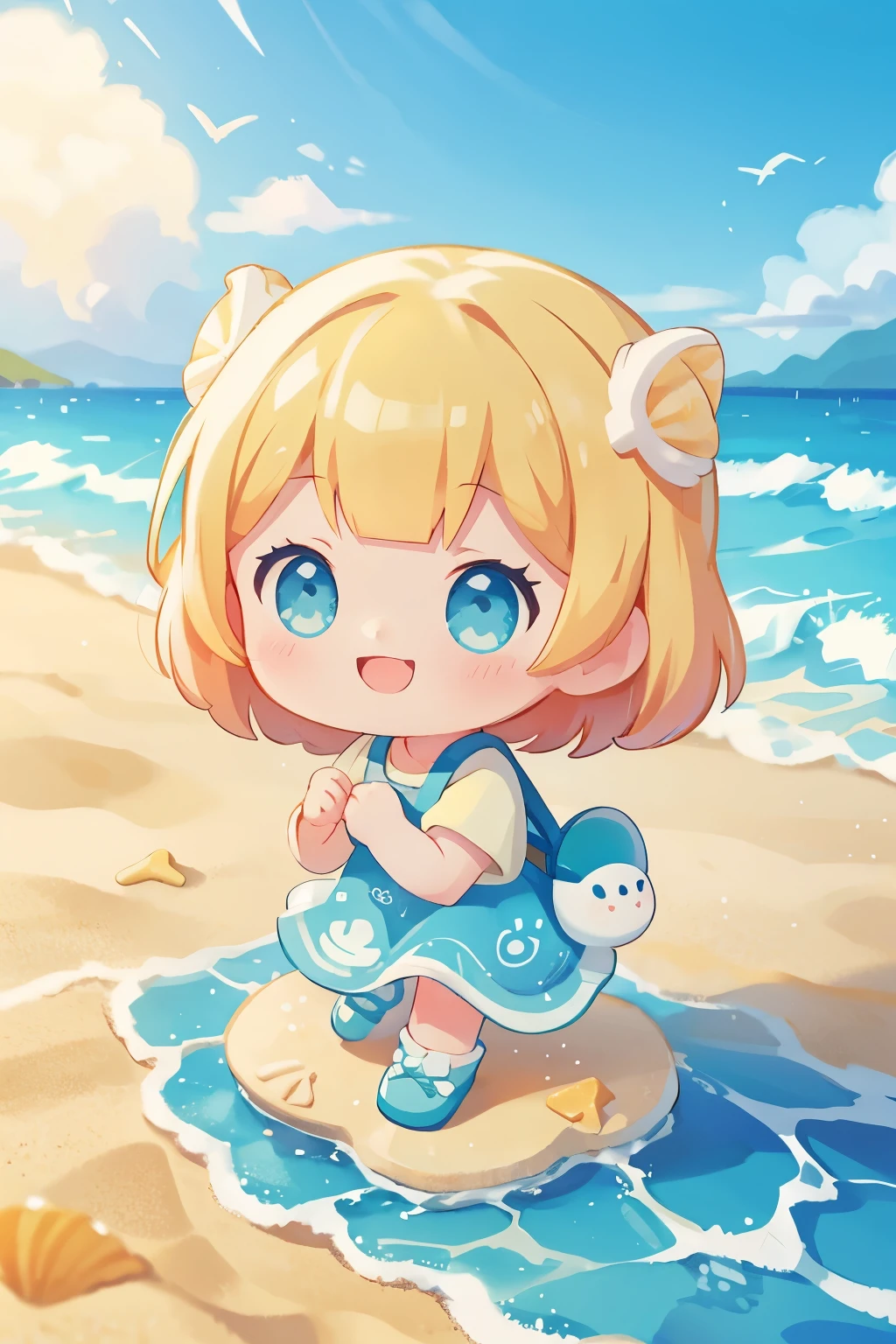 Photoreal、whole body、chibi girl、Clothes with sea scenery printed on them、Seashell Accessories、smile、cute shoes、playing in a pile of sand