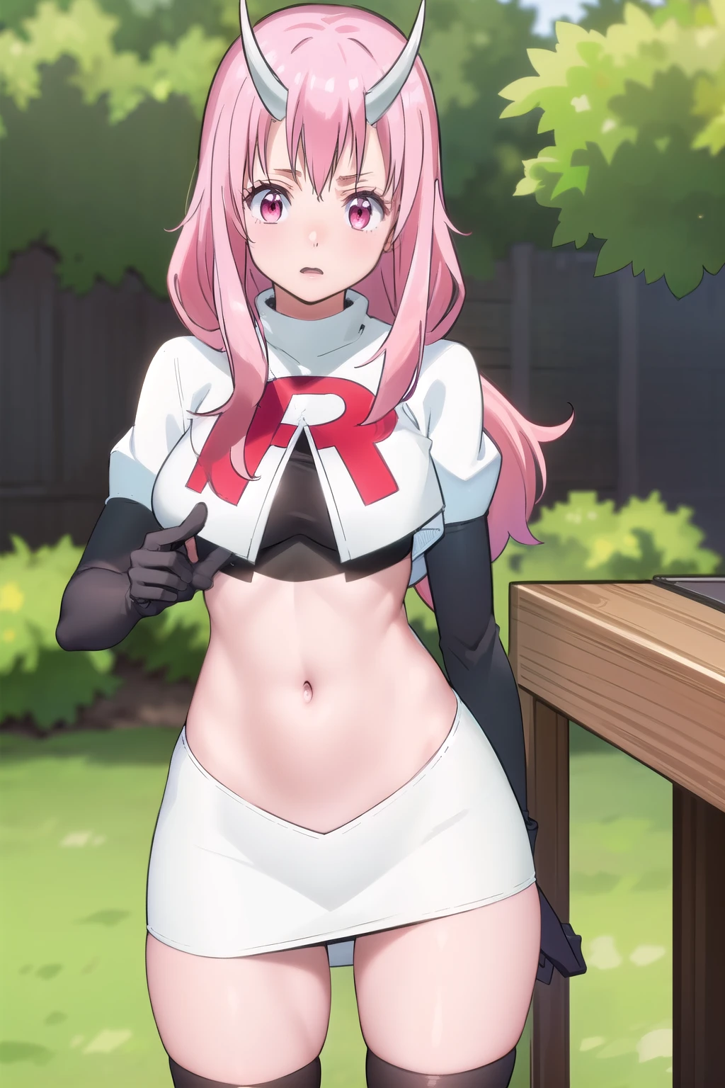 photorealistic, (4k), depth of field, (Masterpiece), (realistic skin texture), extremely detailed, intricate, hyper detailed, professional photography, high resolution, sharp detail, best quality, girl, long hair, pink hair, pink eyes, horns, team rocket,team rocket uniform,white skirt,red letter R,crop top,black thigh-highs,black elbow gloves
