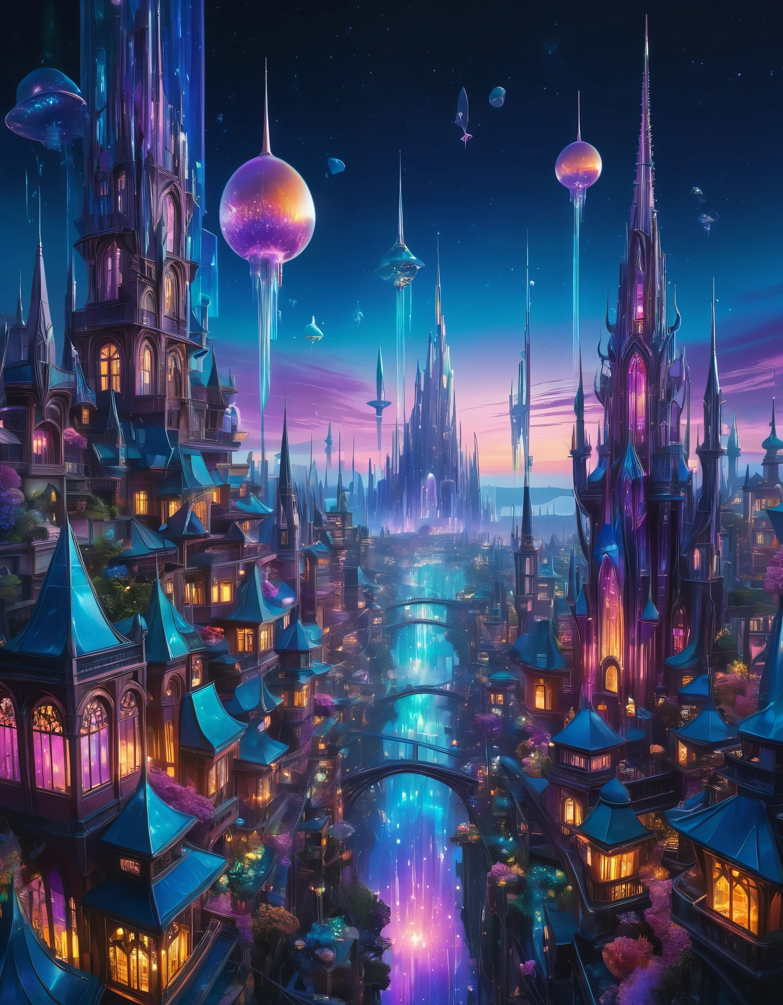 
A vibrant alien cityscape with towering spires of iridescent crystal, winding aerial walkways, and bioluminescent flora illuminating the twilight sky.