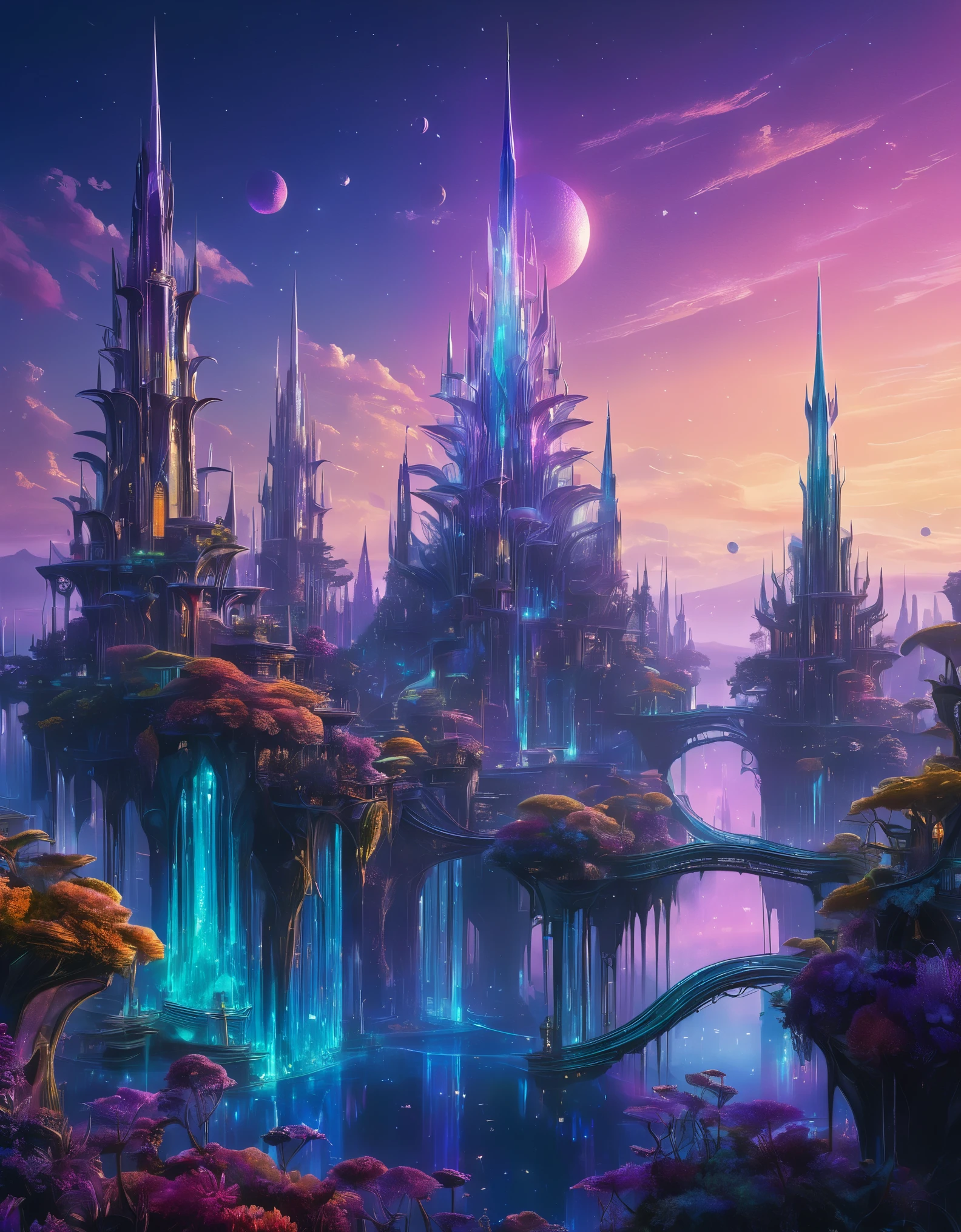 
A vibrant alien cityscape with towering spires of iridescent crystal, winding aerial walkways, and bioluminescent flora illuminating the twilight sky.