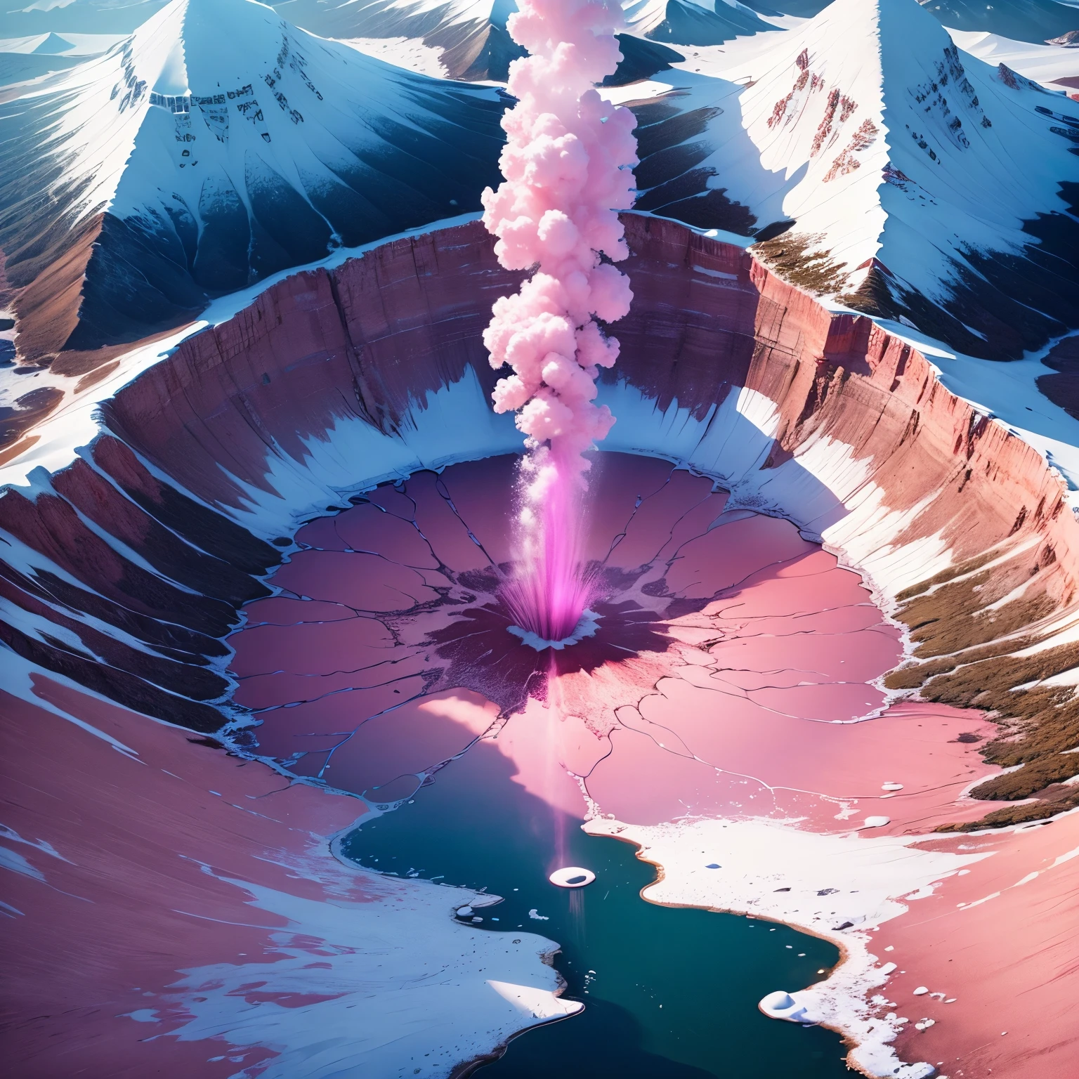 (aerial view:1.4), masterpiece, winter caldera lake with shocking pink water, powder snow falling, reflections of sunlight, motion-blur, action-lines, speed-lines