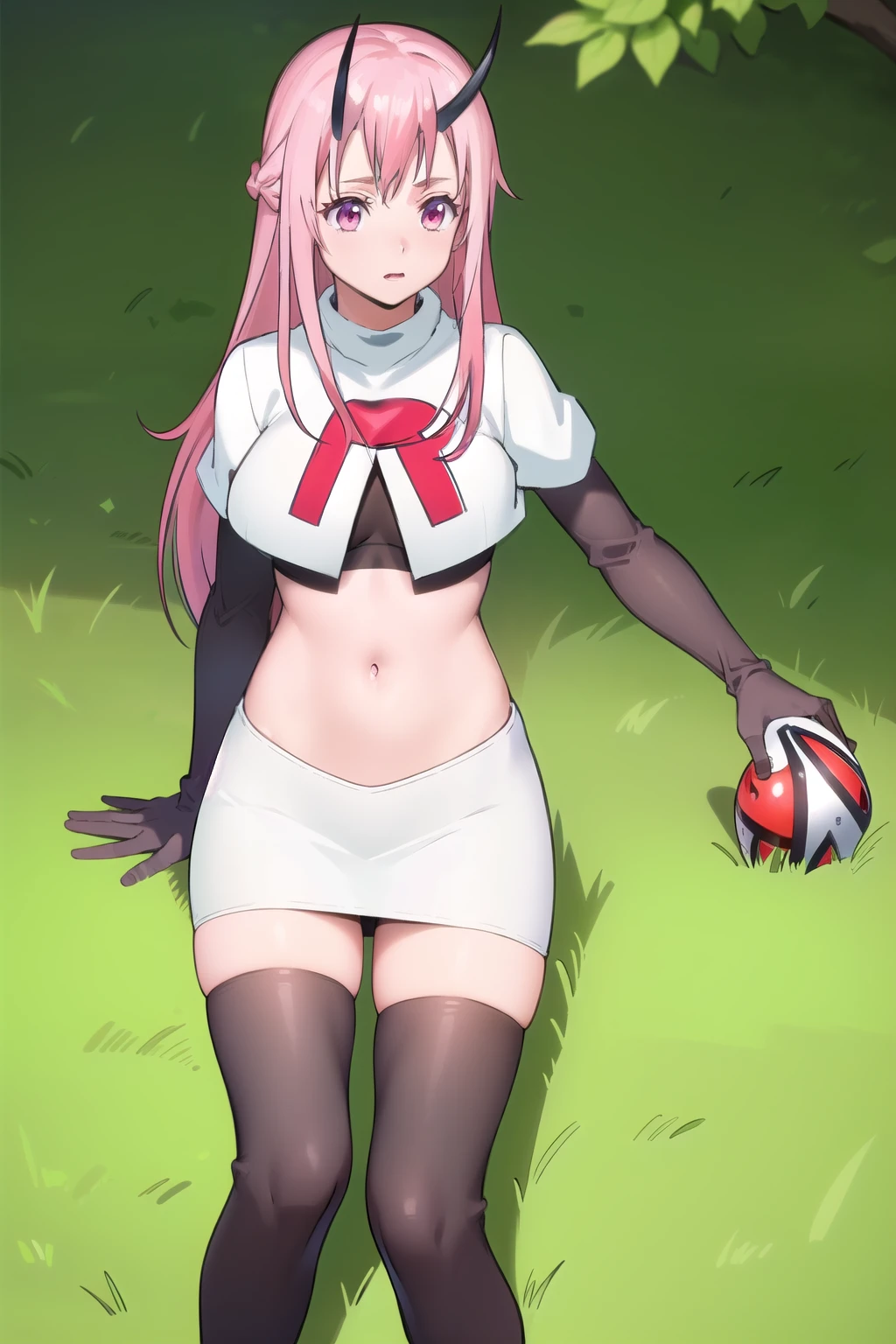photorealistic, (4k), depth of field, (Masterpiece), (realistic skin texture), extremely detailed, intricate, hyper detailed, professional photography, high resolution, sharp detail, best quality, girl, long hair, pink hair, pink eyes, horns, team rocket,team rocket uniform,white skirt,red letter R,crop top,black thigh-highs,black elbow gloves