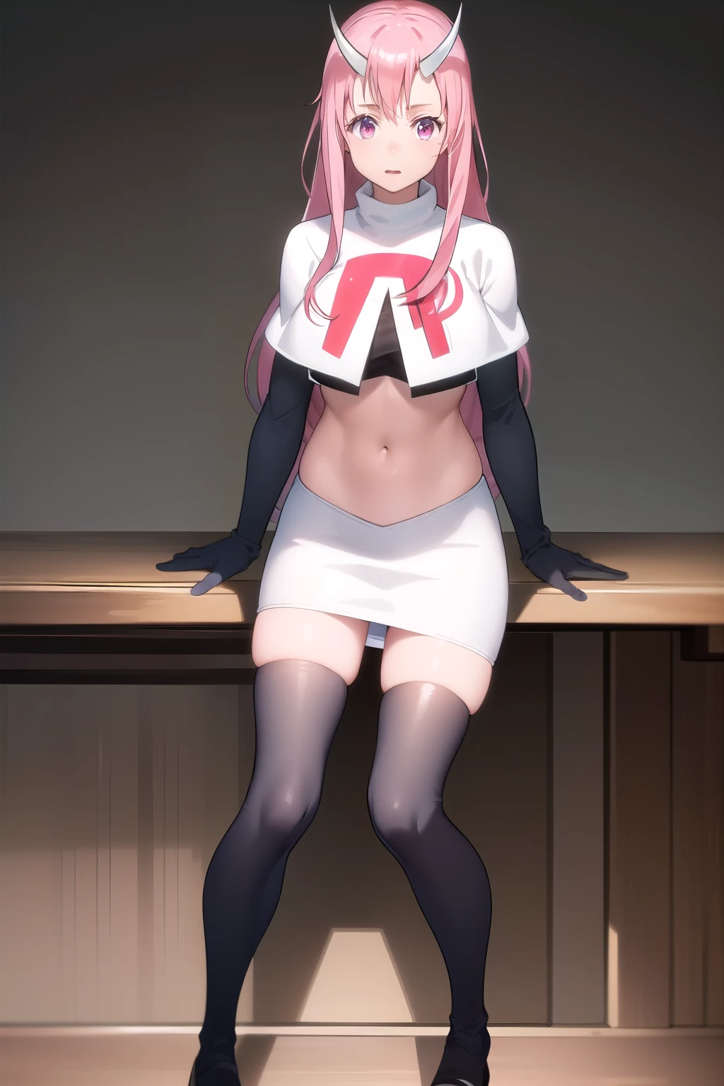 photorealistic, (4k), depth of field, (Masterpiece), (realistic skin texture), extremely detailed, intricate, hyper detailed, professional photography, high resolution, sharp detail, best quality, girl, long hair, pink hair, pink eyes, horns, team rocket,team rocket uniform,white skirt,red letter R,crop top,black thigh-highs,black elbow gloves
