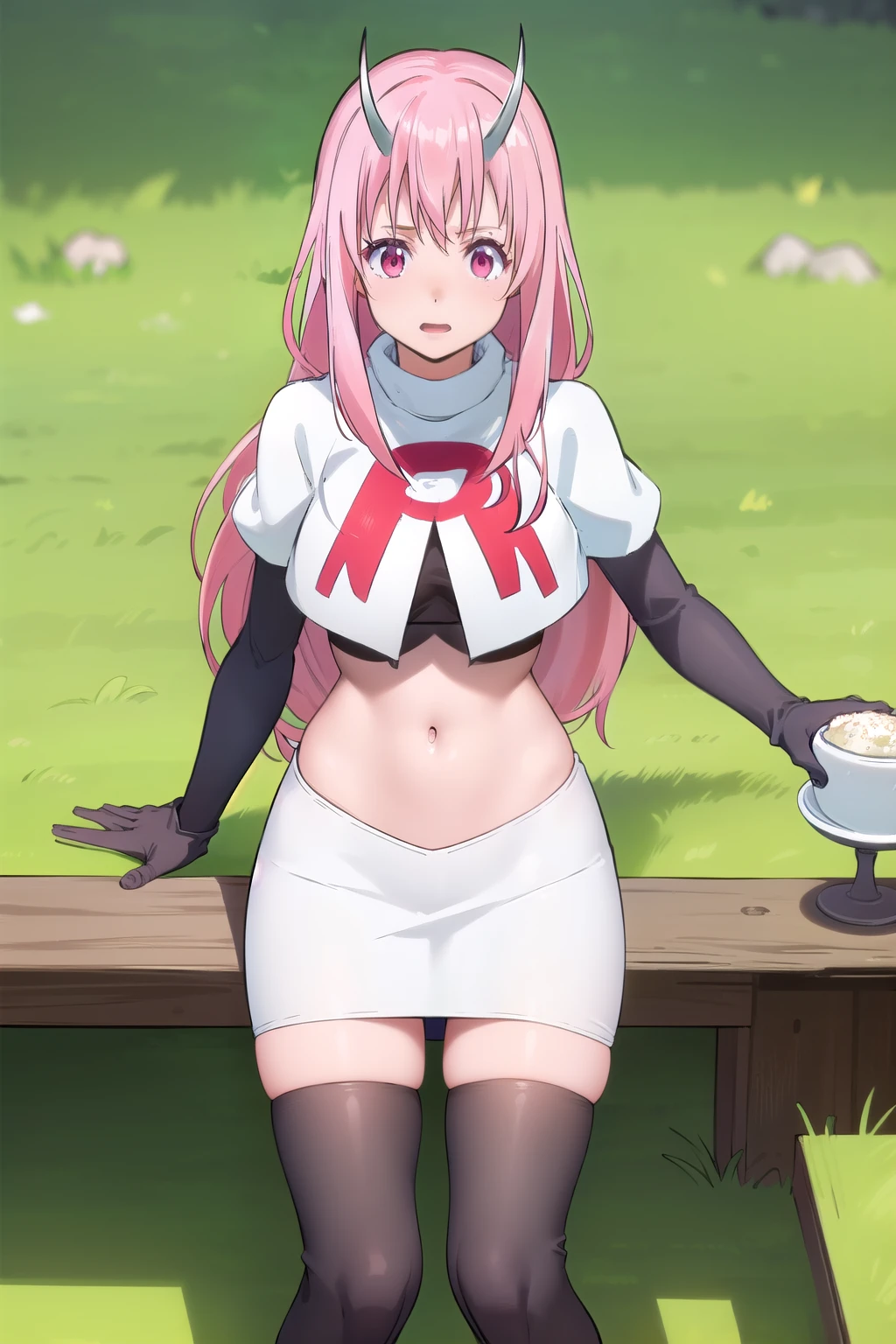 photorealistic, (4k), depth of field, (Masterpiece), (realistic skin texture), extremely detailed, intricate, hyper detailed, professional photography, high resolution, sharp detail, best quality, girl, long hair, pink hair, pink eyes, horns, team rocket,team rocket uniform,white skirt,red letter R,crop top,black thigh-highs,black elbow gloves