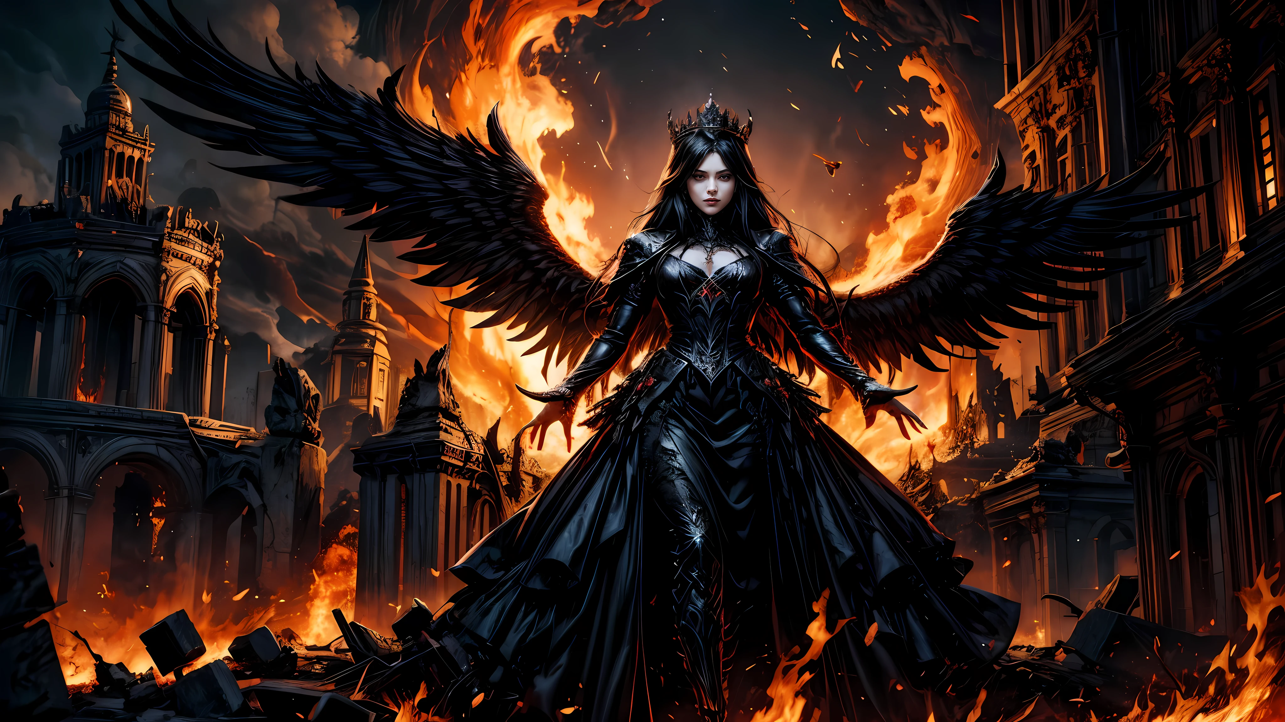 Ultra-detailed female archangel stands atop a pile of burning ruins, Her diabolical and insidious presence radiating from her dark crown and black and red evil queen dress, very long flowing black hair,