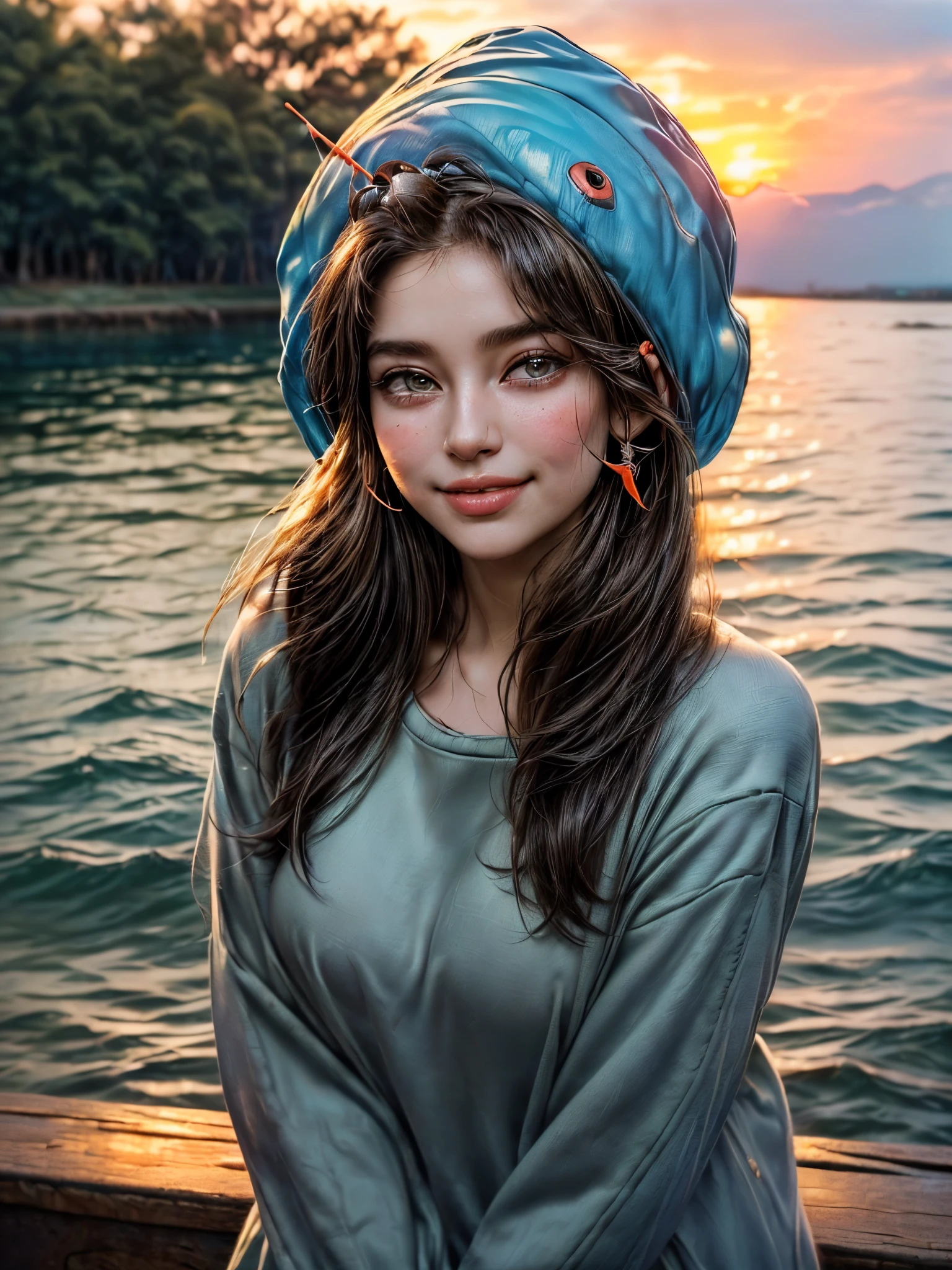 ((dreamy atmosphere, soft and magical light:1.3)), ((Imaginative scene light particles falling from the dreamy sky)), ((Meticulously detailed perfect faces and bodies:1.3)), ((full shot: 1.4 )) ,((best quality) ), ((masterpiece)), 3D, (((a young heterosexual couple:1.5, beautiful and cheerful, picnic fishing on a pier, she catches a big fish, he smiles and helps catch the fish: 1.5 ))), (hyper detailed: 1.3), ((casual clothing style fishing hat, hair ornaments, full shot: 1.5)), ((Beautiful woman with shiny hair and hyper-detailed style: 1.3)), ((sunset background a beautiful landscape behind: 1.3 ))), (((sunset:1.2)) ), (photorealistic:1.4), ((Front camera)), (smiling happily) , ((Film lighting:1.2)),. 32k.