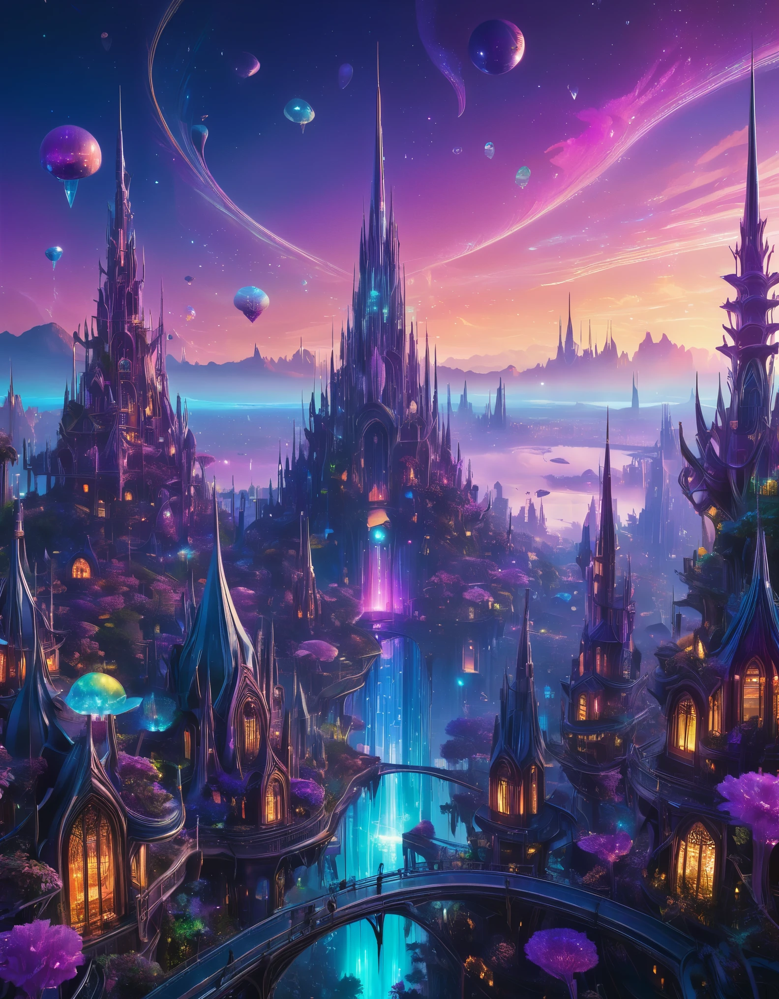 
A vibrant alien cityscape with towering spires of iridescent crystal, winding aerial walkways, and bioluminescent flora illuminating the twilight sky.