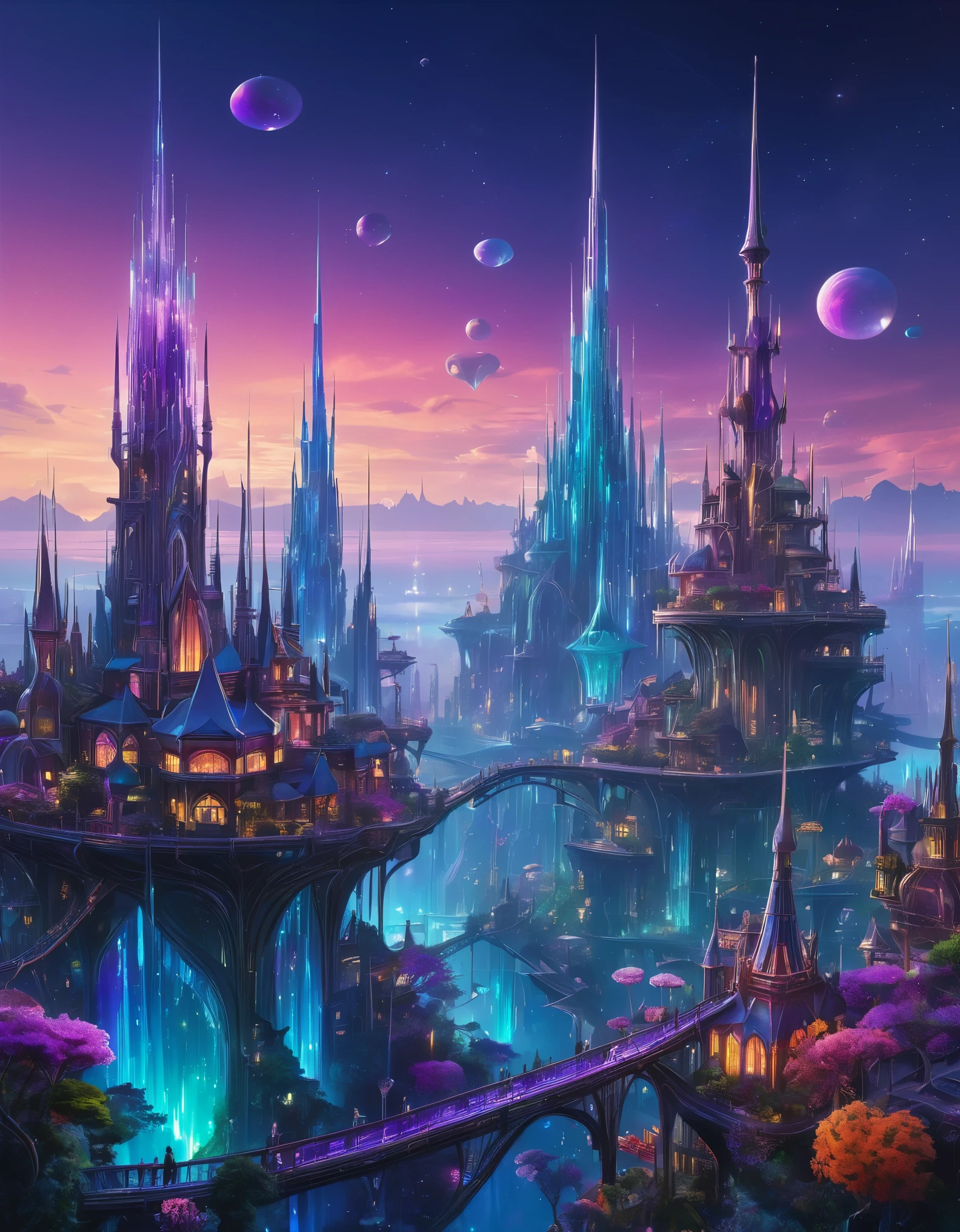 
A vibrant alien cityscape with towering spires of iridescent crystal, winding aerial walkways, and bioluminescent flora illuminating the twilight sky.