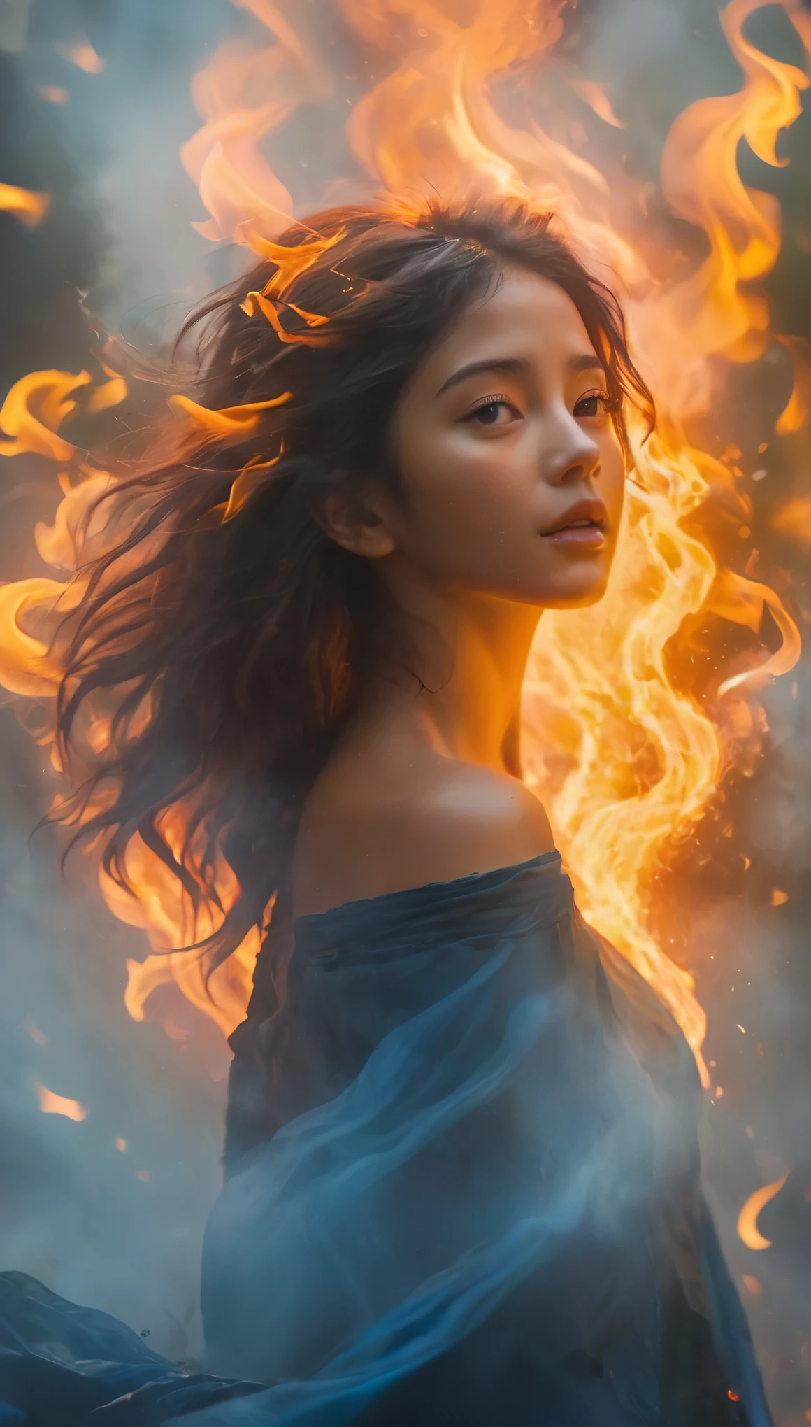 A woman in a blue dress is standing in front of a fire - SeaArt AI