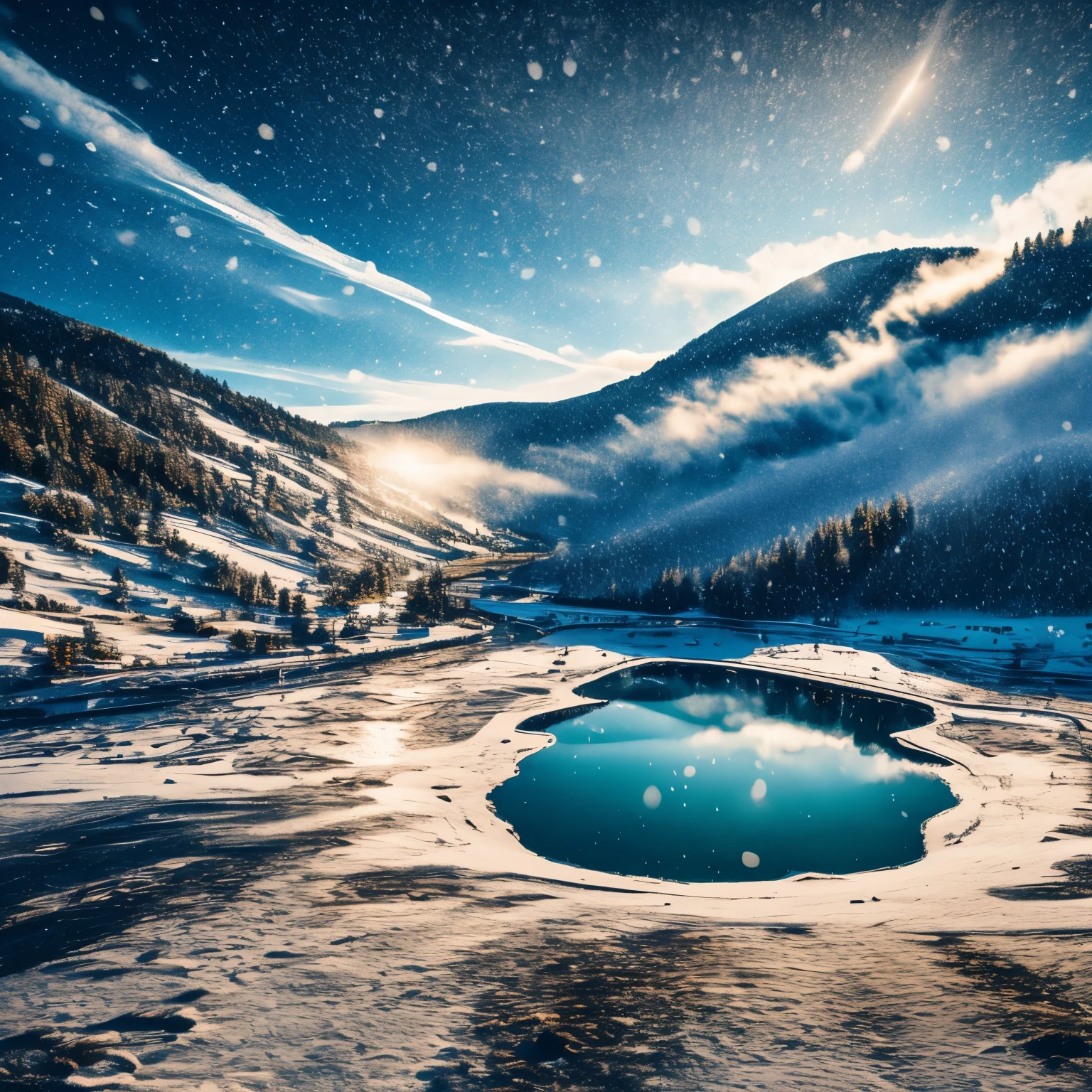 aerial view, blurred picture style, wet-in-wet, masterpiece, caldera lake in winter, powder snow falling, reflection of sunlight, motion-blur, action-lines, speed-lines